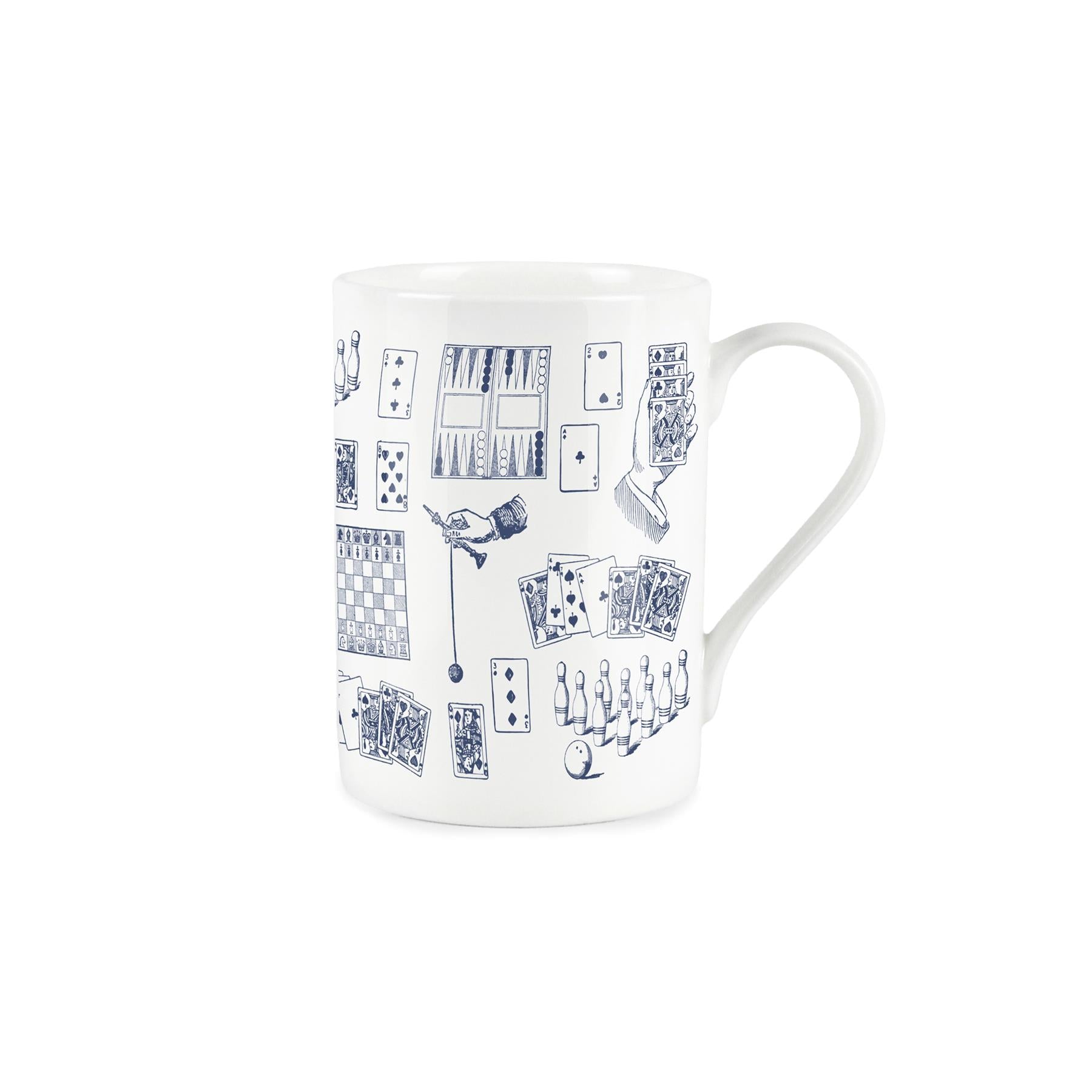 White bone china mug with vintage blue board game design