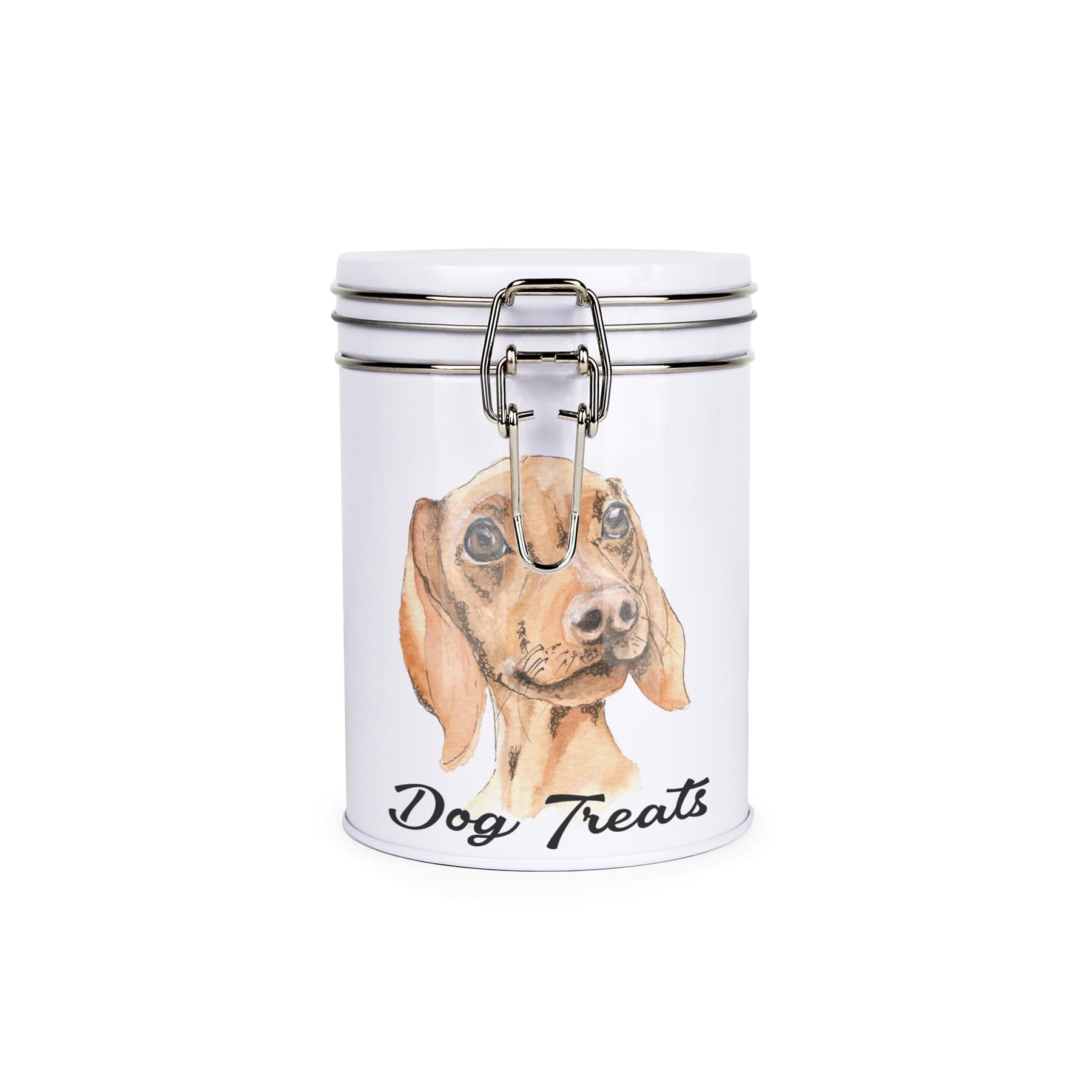 White tinplate canister with metal clip and lid featuring the face of a Dachshund with the caption 'Dog Treats'