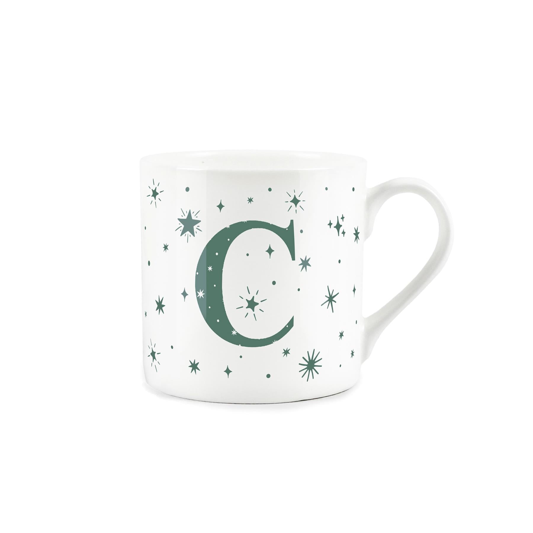 White bone china mug with green stars and letter 'C' alphabet design
