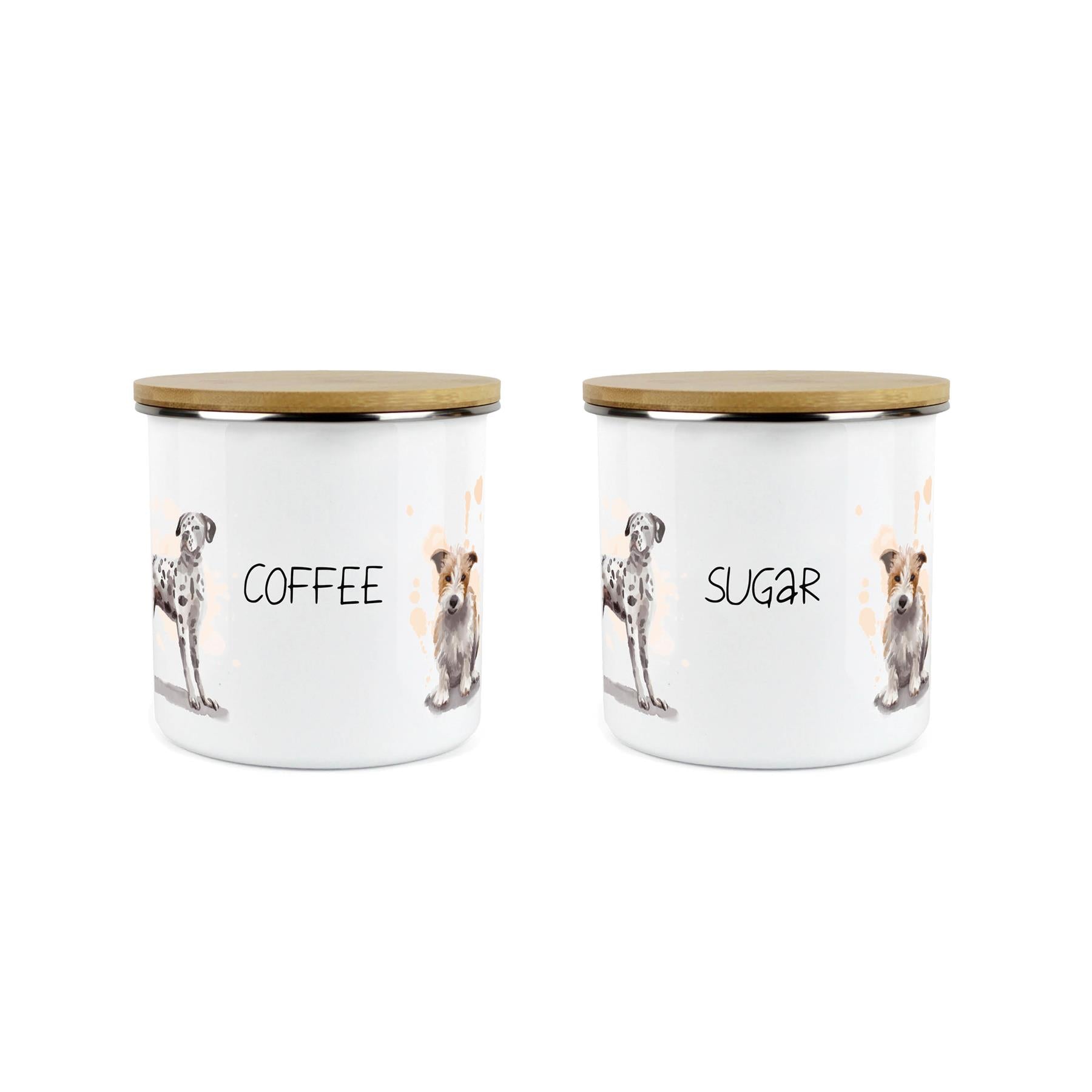 Coffee & Sugar Storage Canister - 2x Dogs Kitchen Enamel Metal Storage Jar