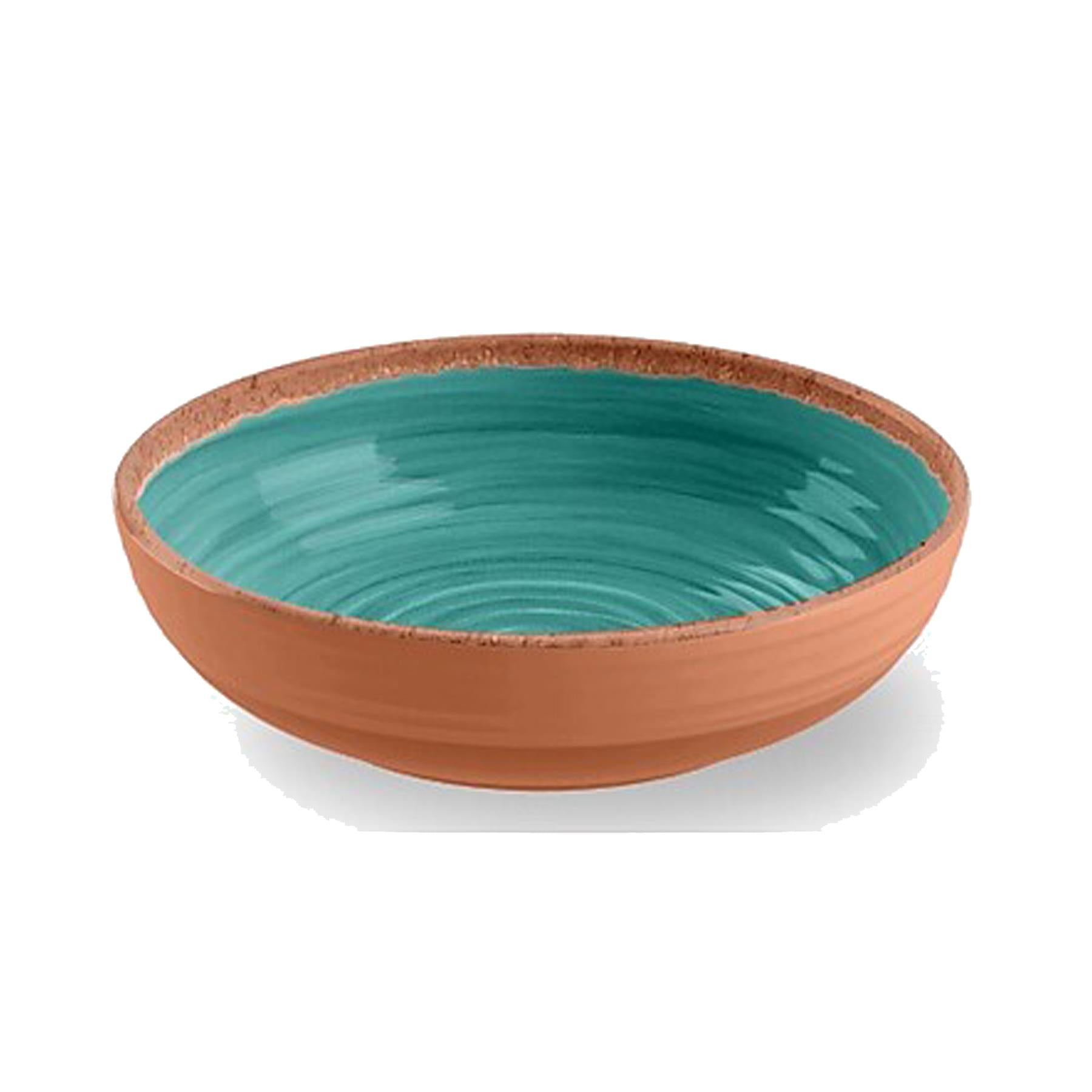 Melamine Low Bowl featuring vibrant turquoise swirl design and terracotta exterior and rim