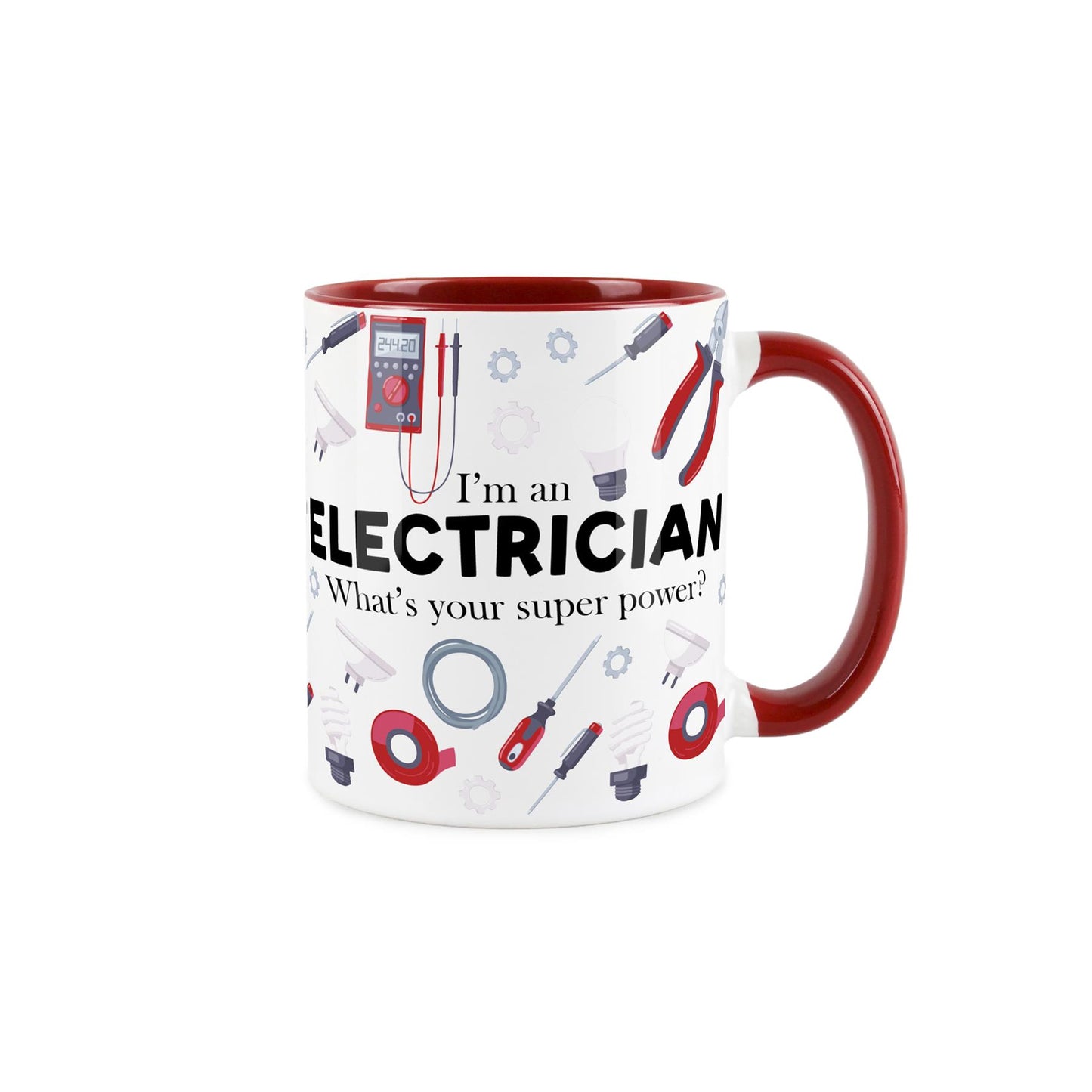 ceramic mug with 'I'm an engineer…' joke text and various pieces of medical tools & accessories