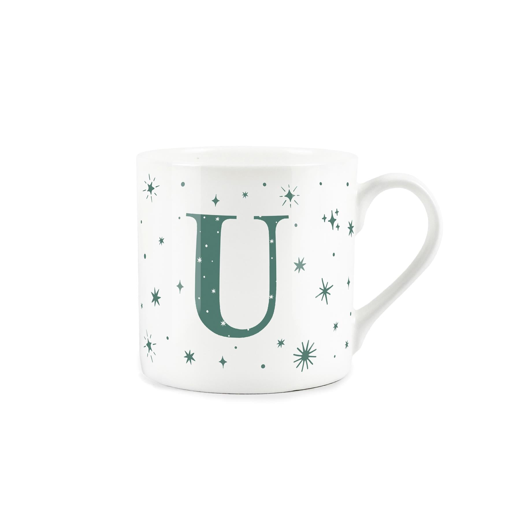 White bone china mug with green stars and letter 'U' alphabet design