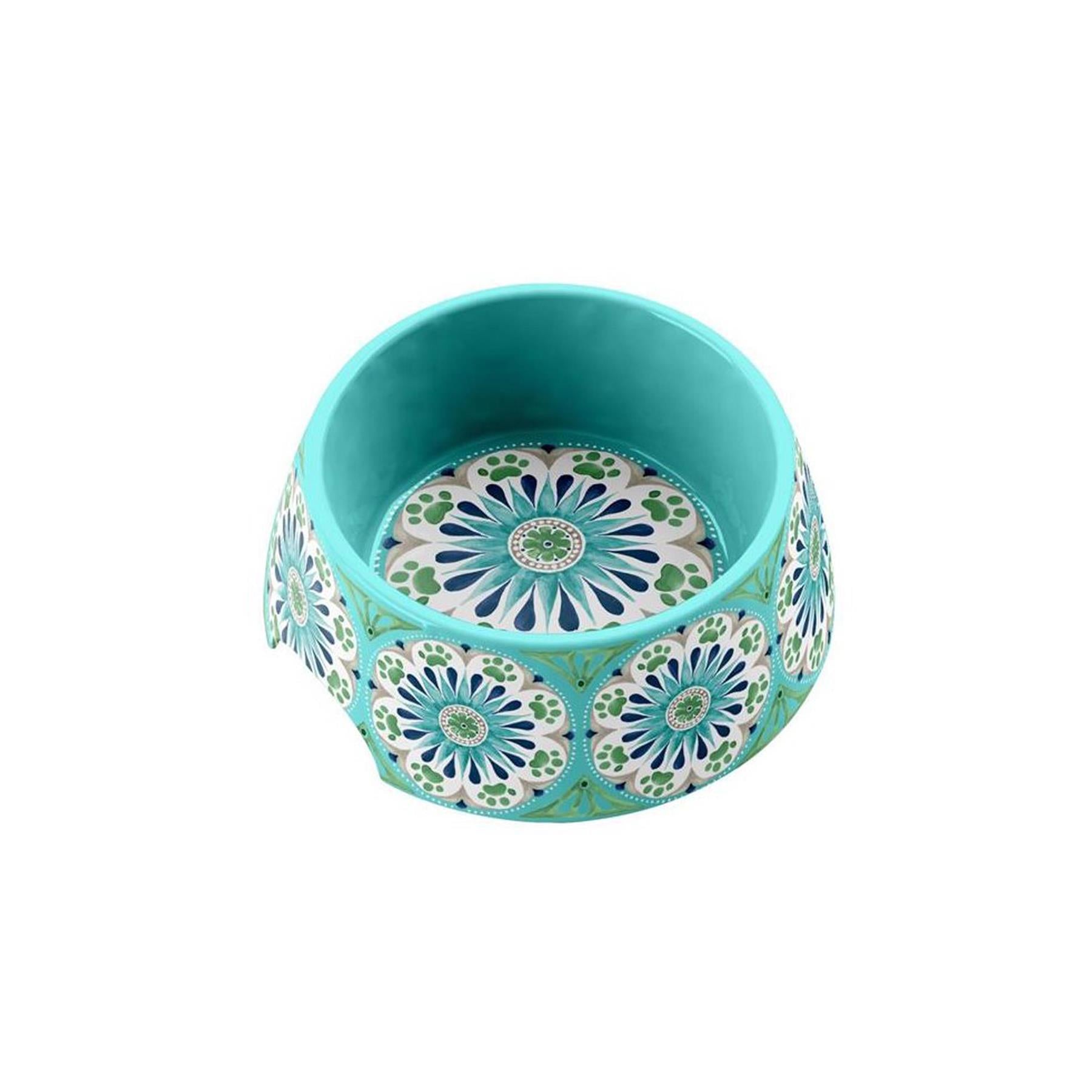 Lightweight melamine Carmel Medallion bowl with turquoise, navy, and green flower design.