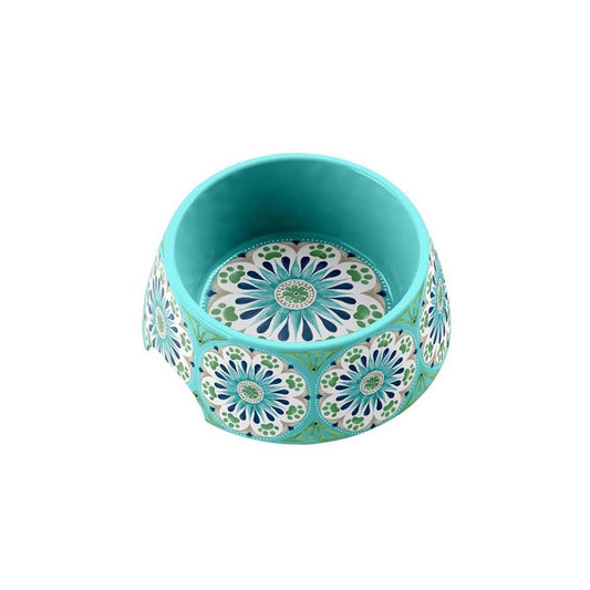 Lightweight melamine Carmel Medallion bowl with turquoise, navy, and green flower design.