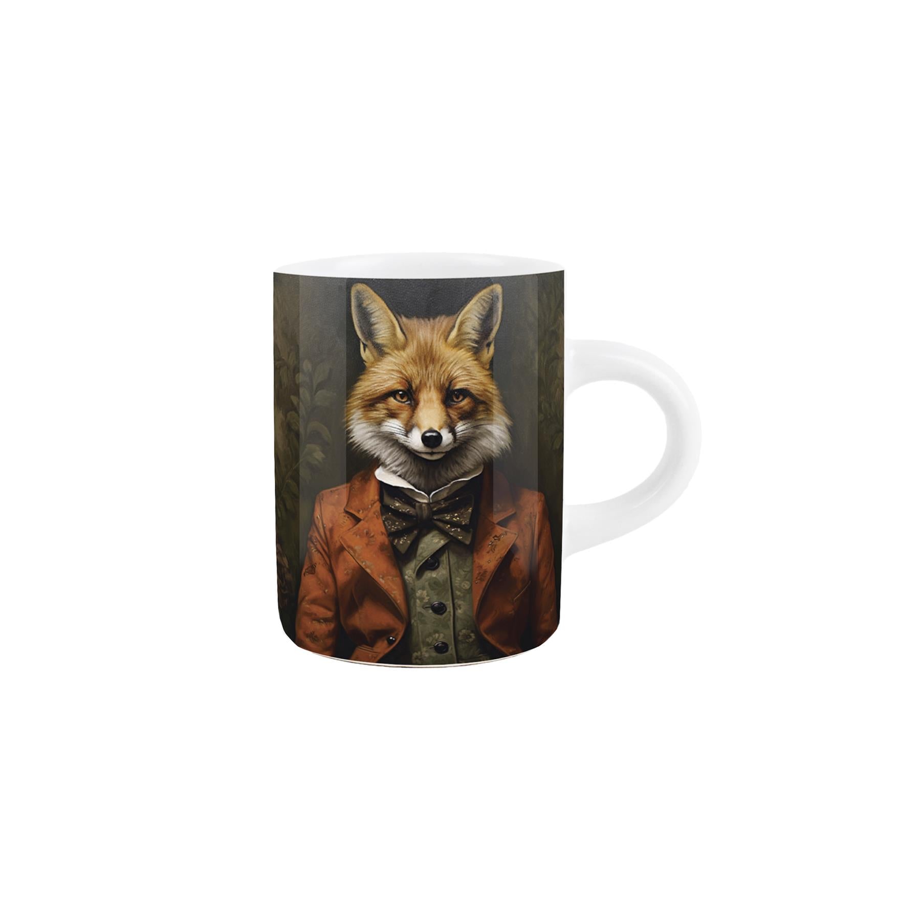 Small ceramic espresso mug with a delightful Edwardian-inspired fox portrait design.
