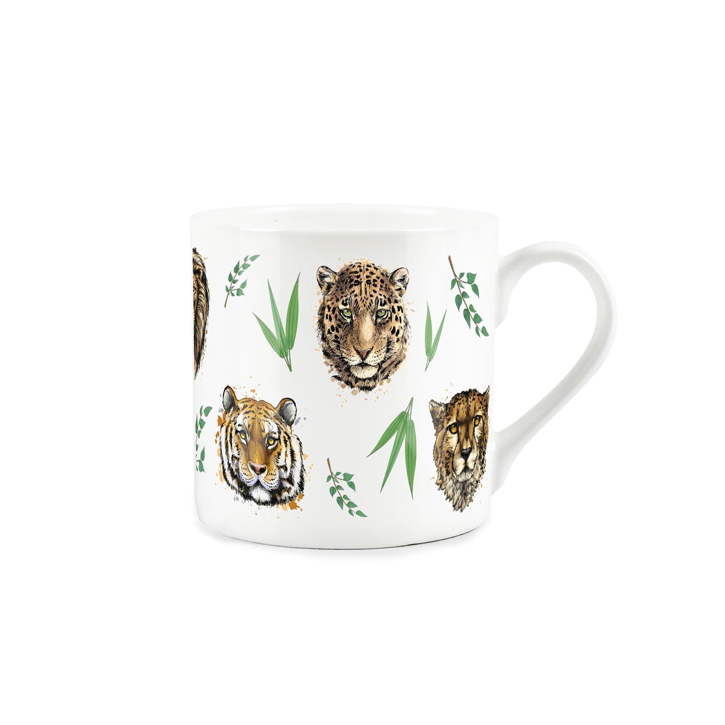 White bone china mug featuring 'untamed animals' big cats and leaf design