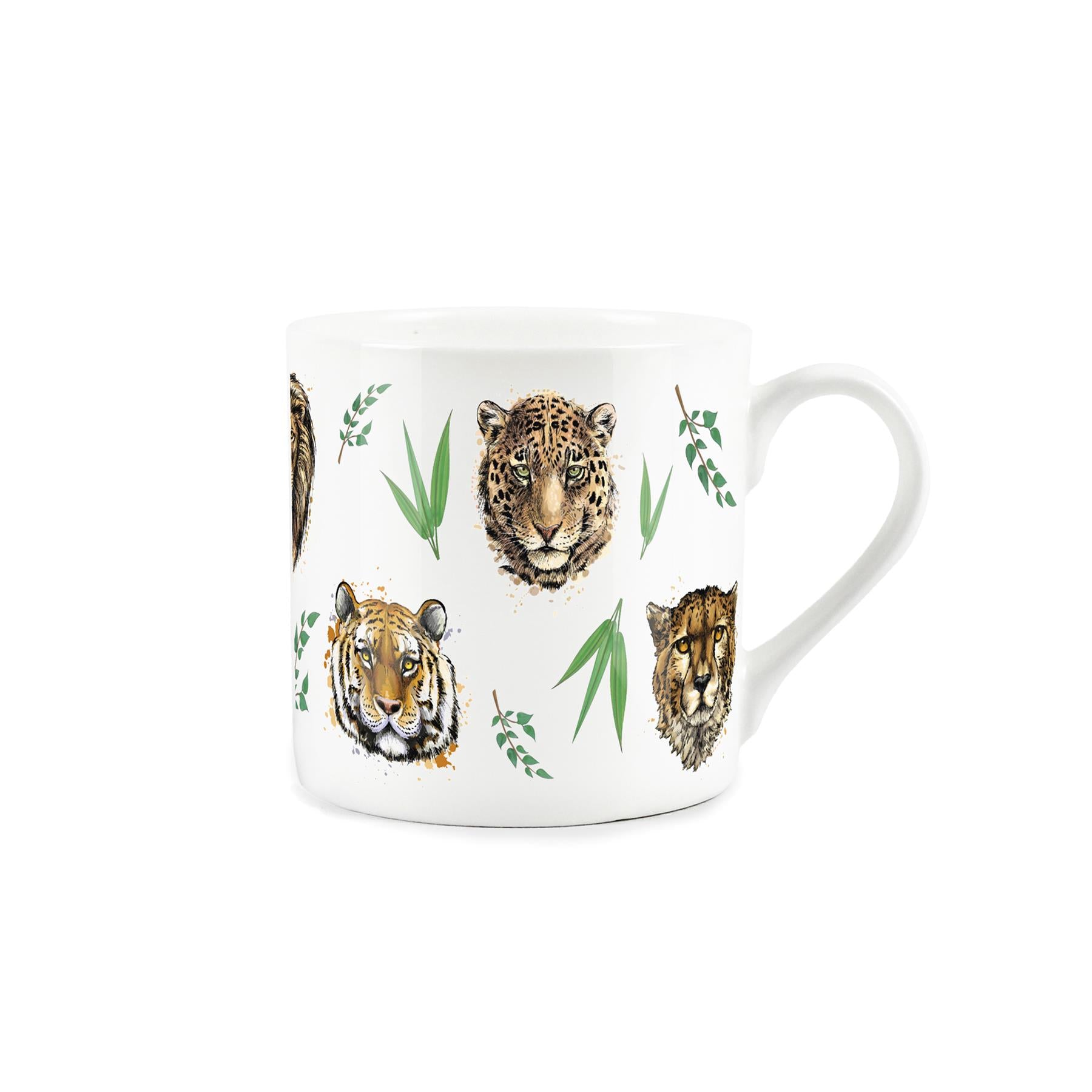 White bone china mug featuring 'untamed animals' big cats and leaf design