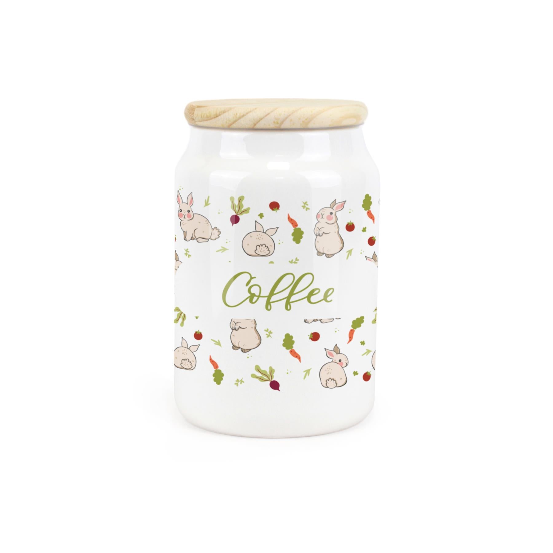 White ceramic canister featuring rabbits and vegetables design.