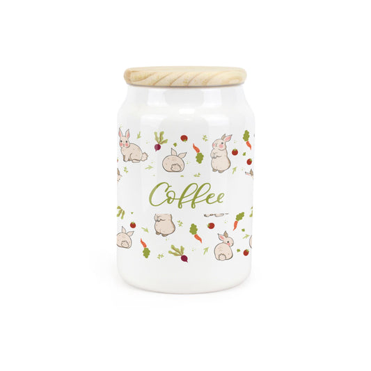 White ceramic canister featuring rabbits and vegetables design.