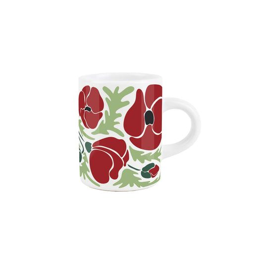 Small ceramic espresso mug adorned with a lovely Poppy design, adding elegance to your morning coffee. 75ml capacity, dishwasher safe.