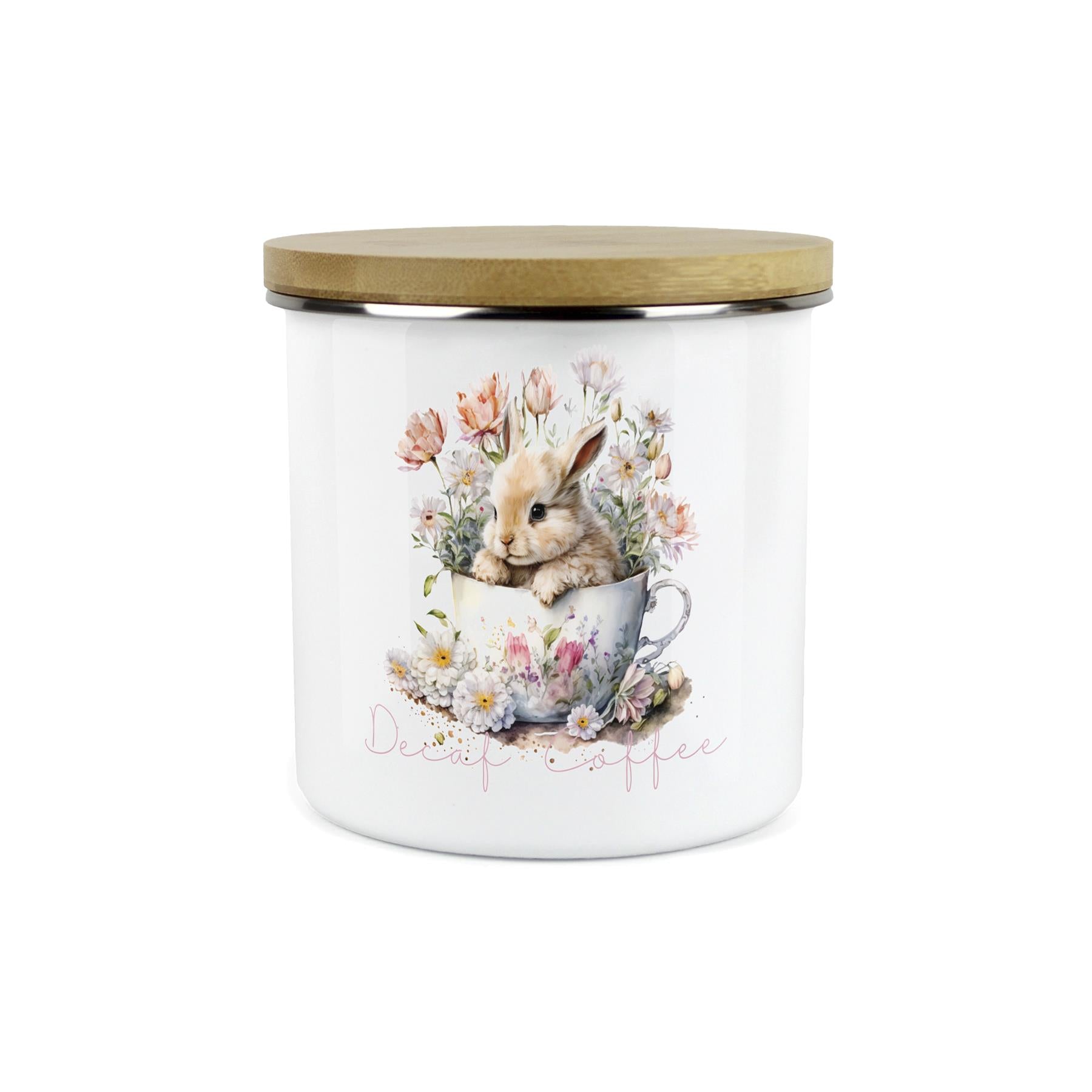 Teacup Bunny Decaf Coffee Canister - Enamel Kitchen Hot Drinks Storage Container