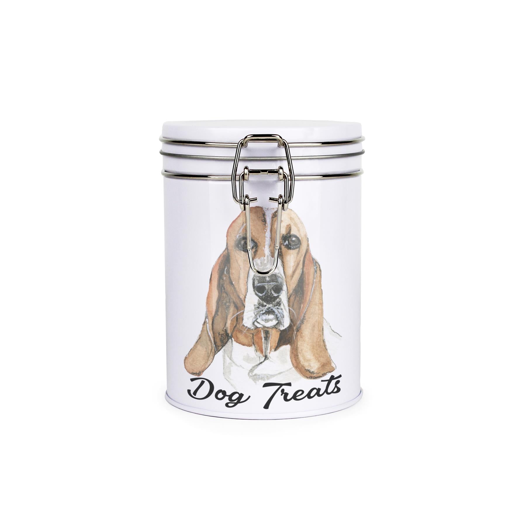 White tinplate canister with metal clip and lid featuring the face of a Basset Hound with the caption 'Dog Treats'