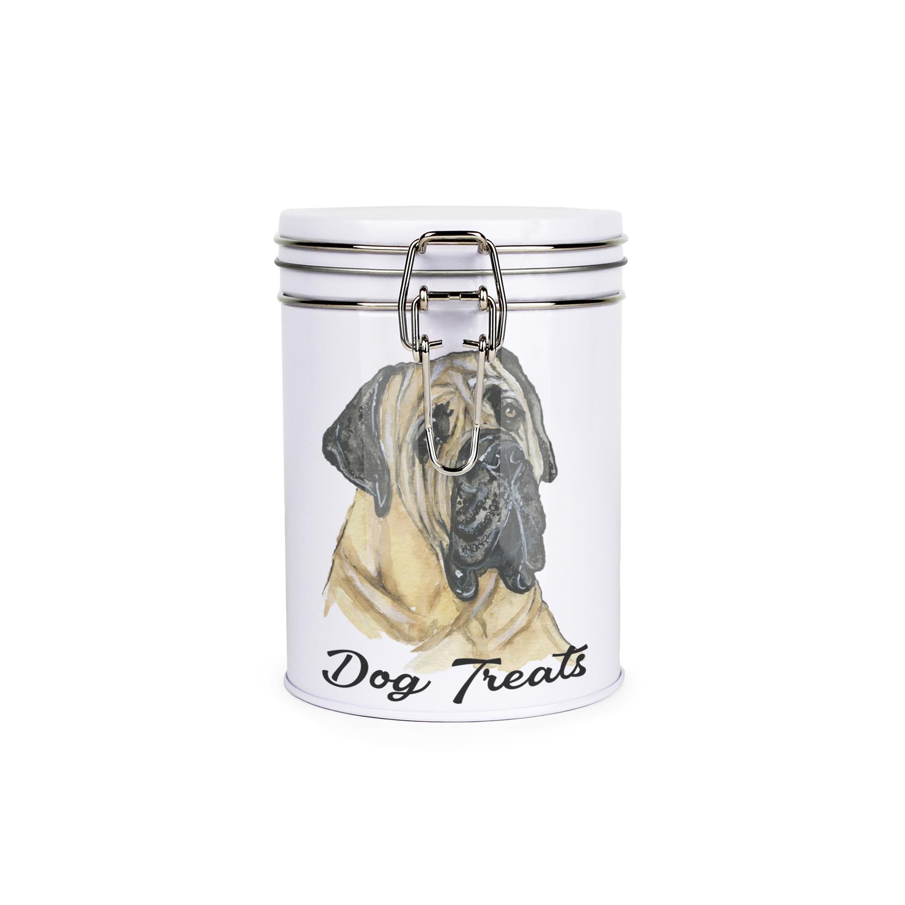 White tinplate canister with metal clip and lid featuring the face of a Mastiff with the caption 'Dog Treats'