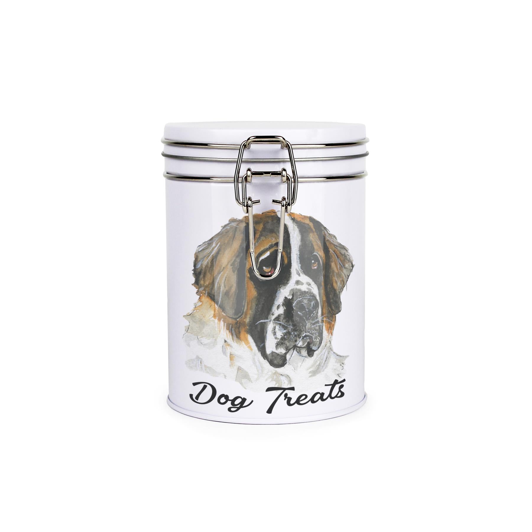 White tinplate canister with metal clip and lid featuring the face of a St Bernard with the caption 'Dog Treats'