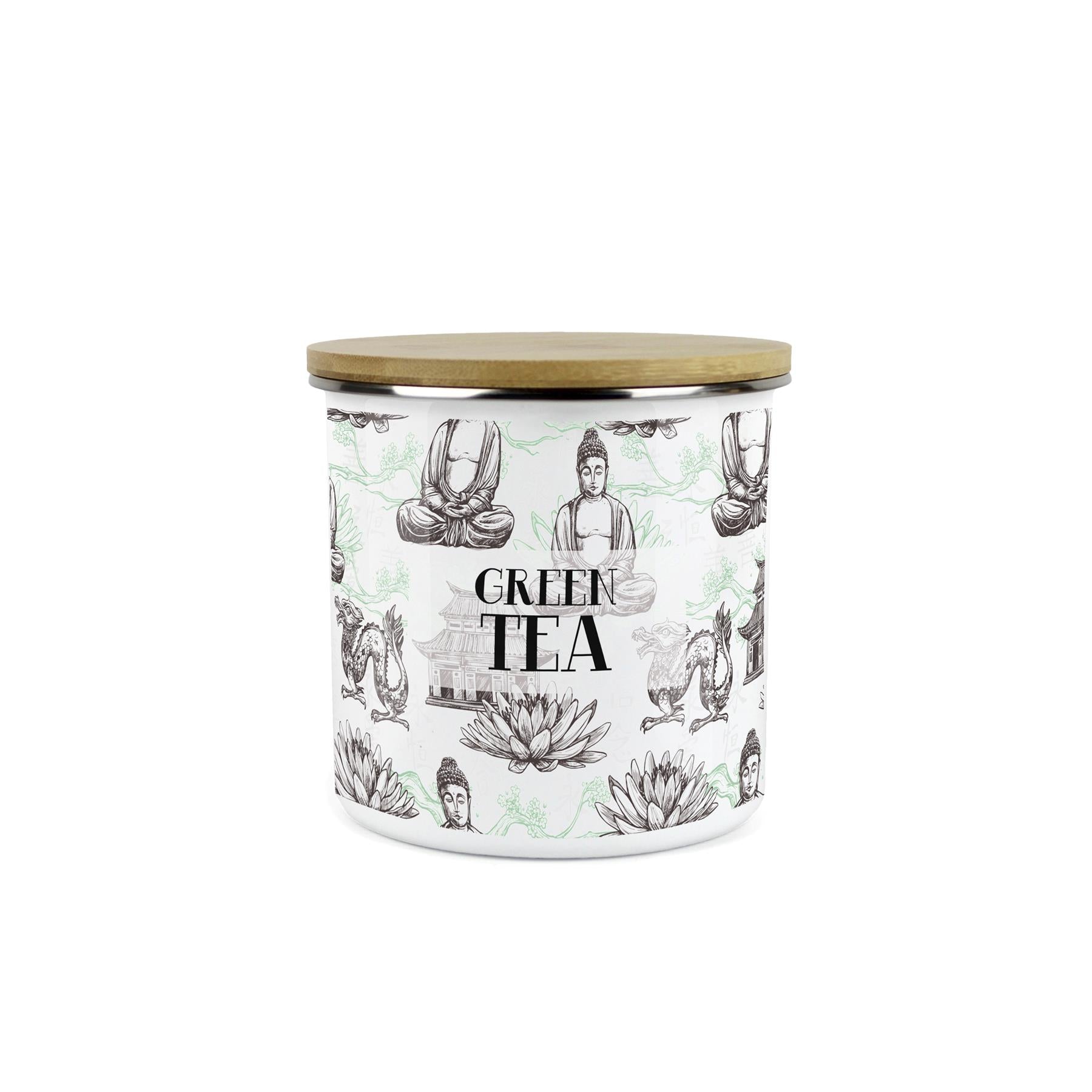 Green Tea Storage Canister - Oriental Scene Enamel Kitchen Storage Jar