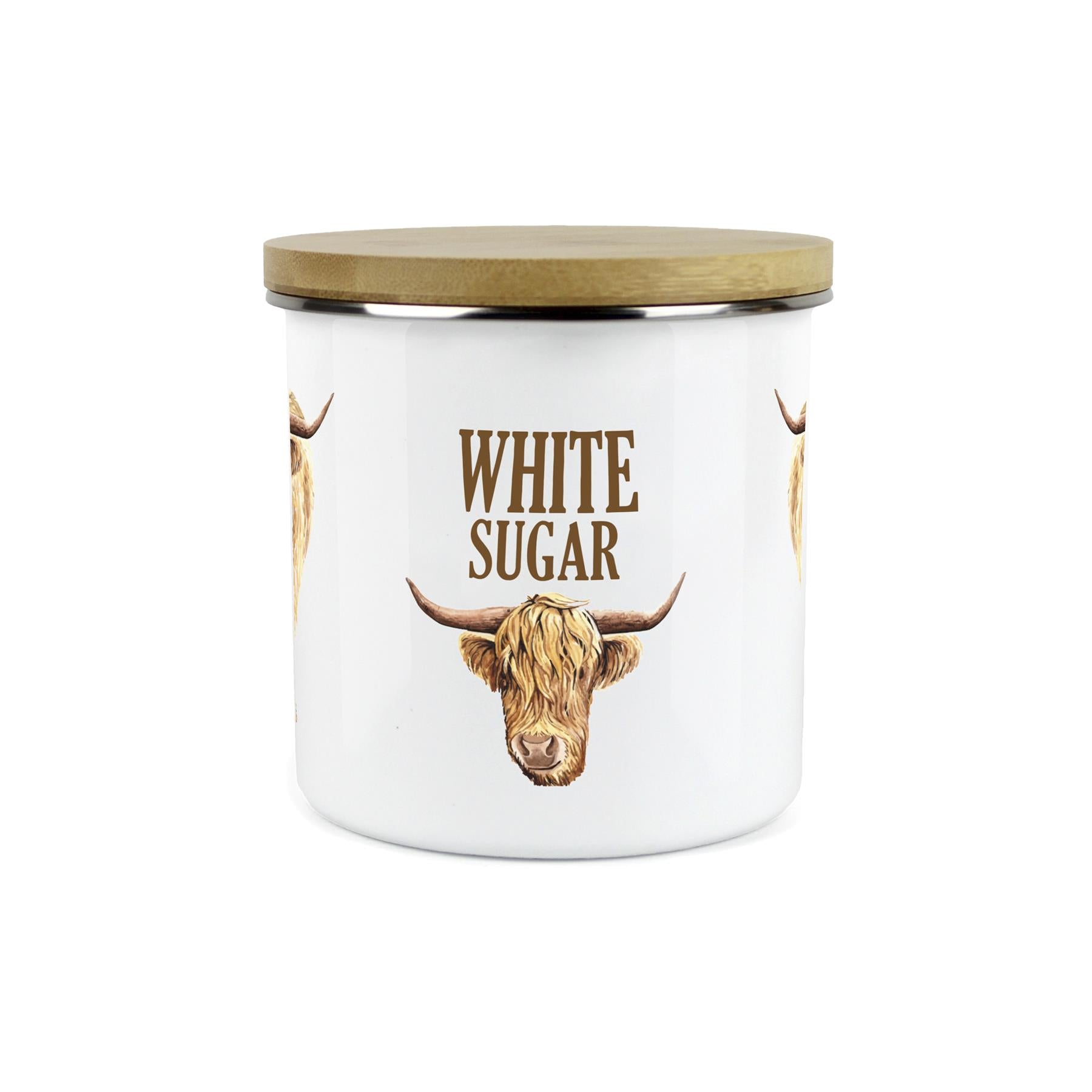 White Sugar Highland Cow Storage Canister - Enamel & Bamboo Kitchen Storage Jar
