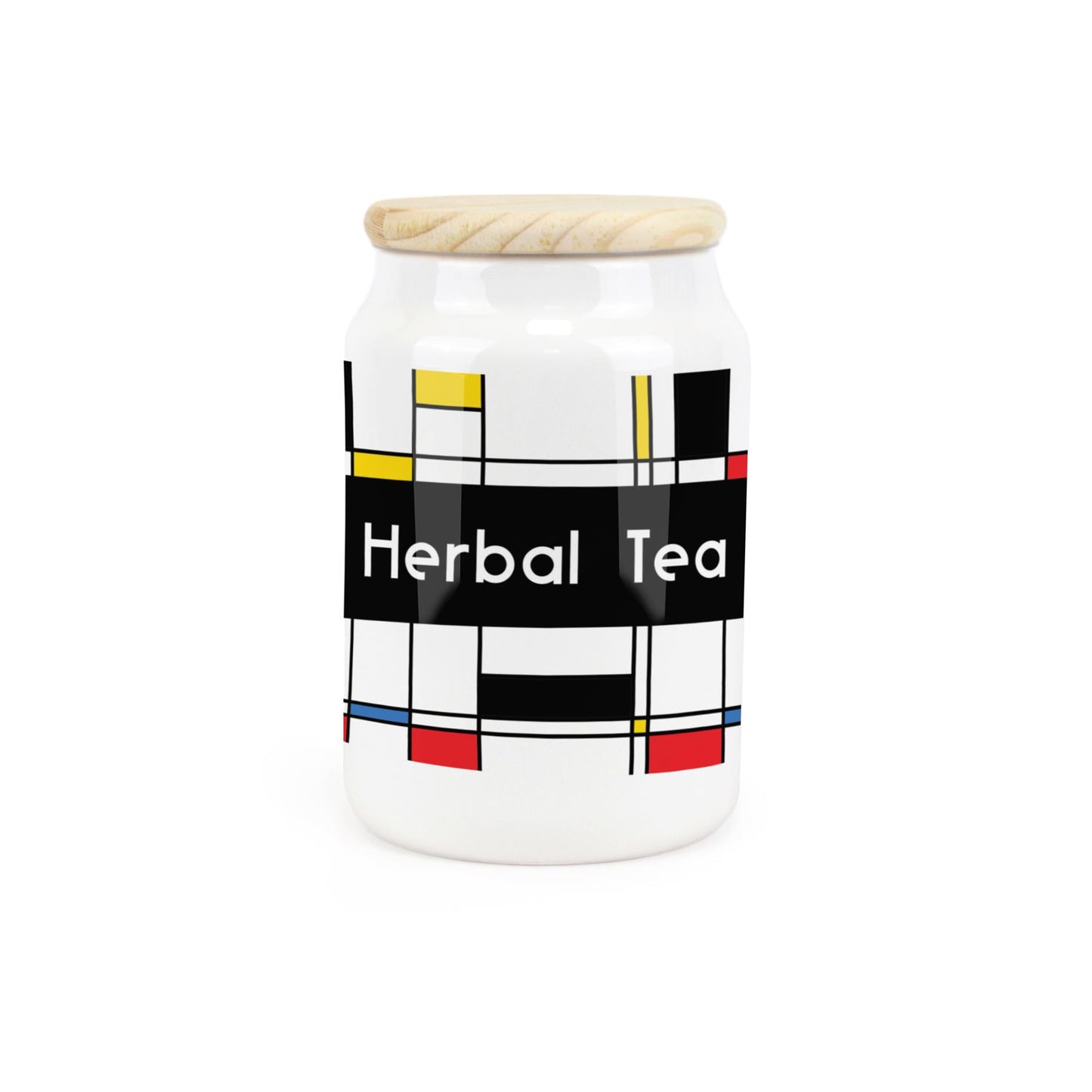 White ceramic canister featuring 1950s inspired retro print design for Herbal Tea.