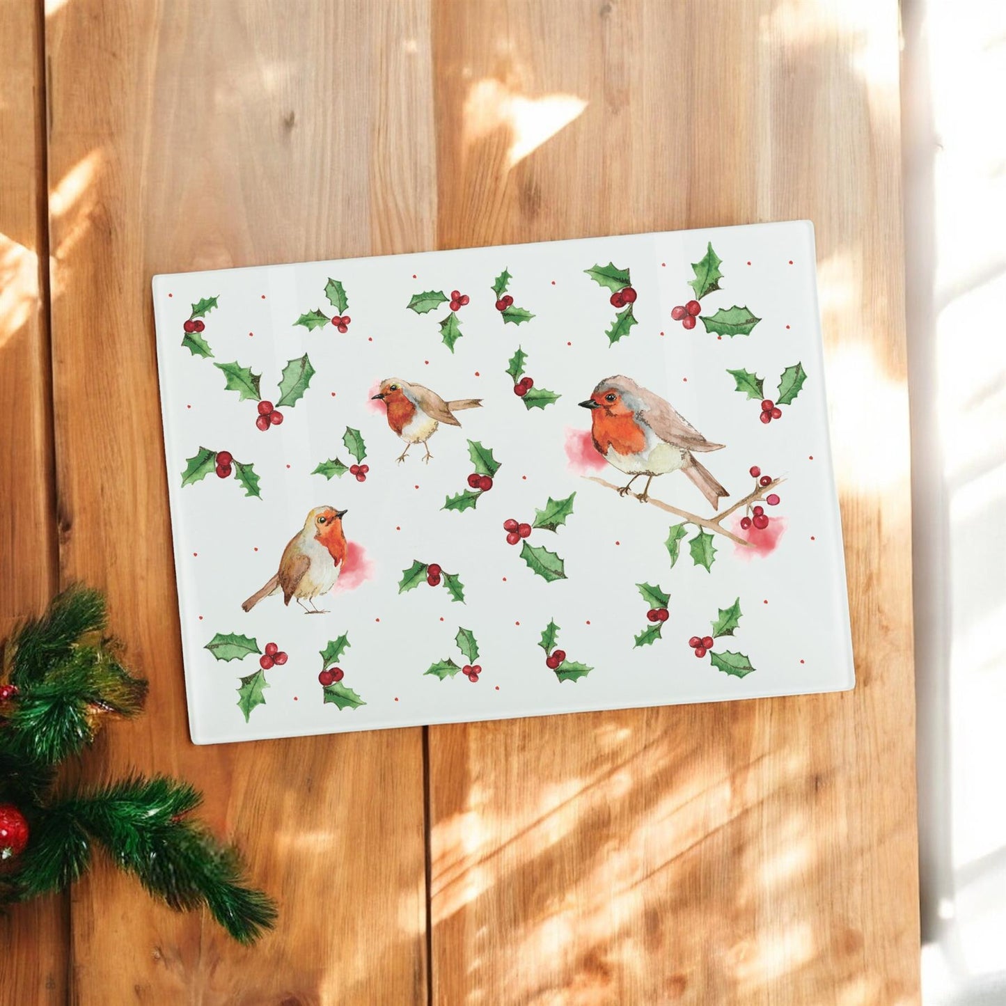 Christmas Robins & Holly Small Smooth Worktop Protector by Rhiannon Chauncey