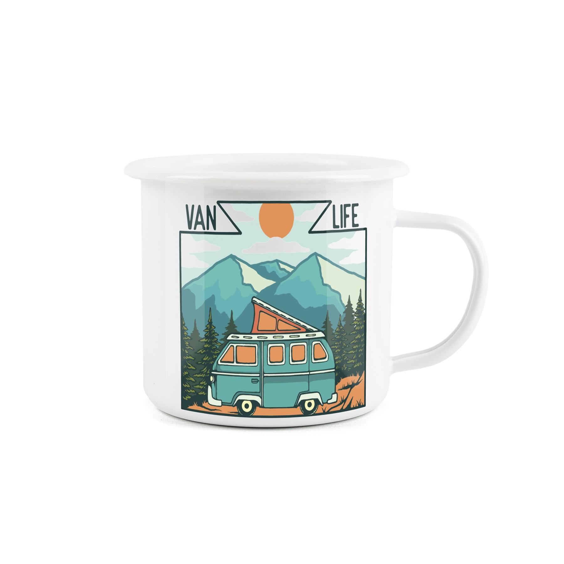Enamel mug for camper van enthusiasts, ideal for camping, hiking, canoeing, and climbing.
