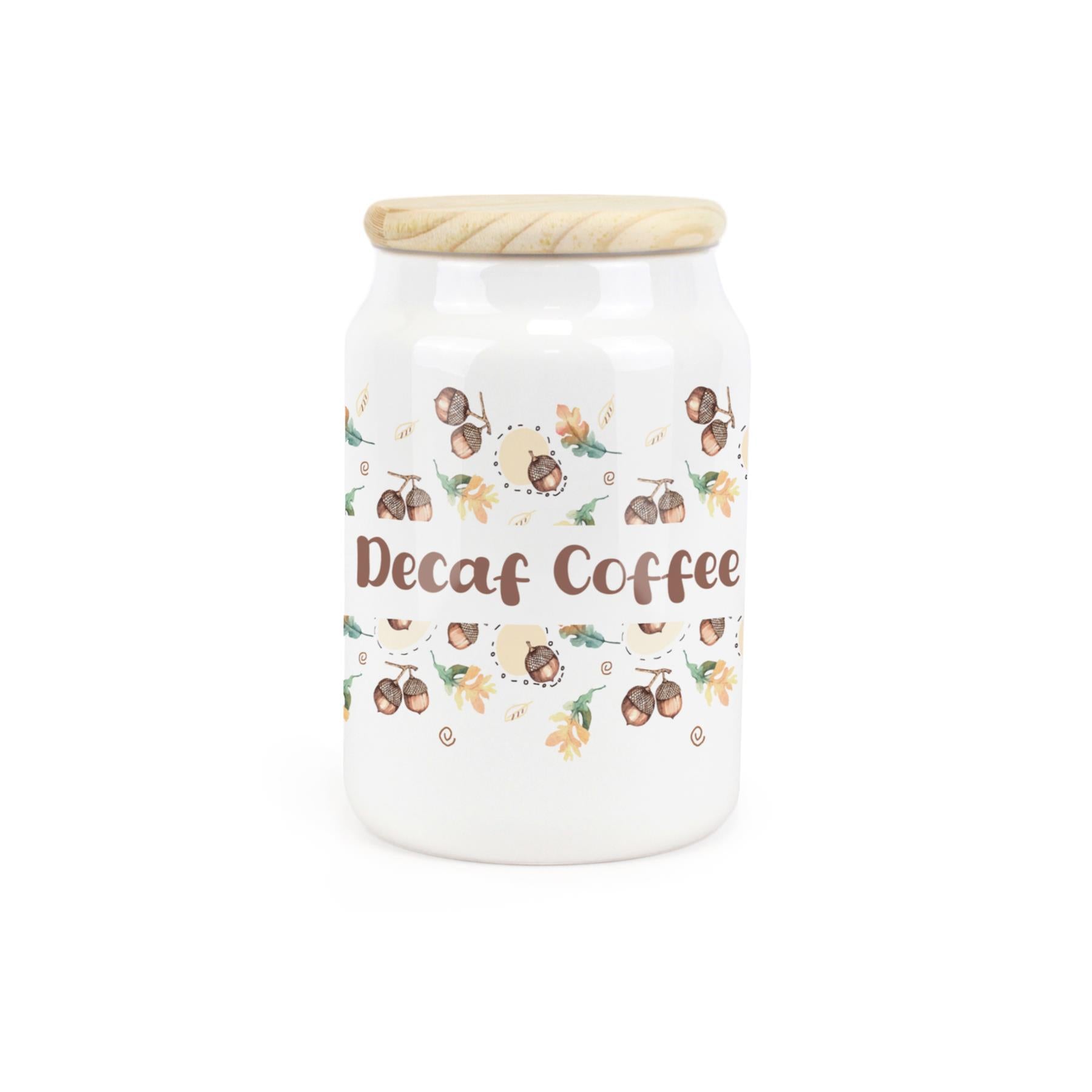 White ceramic canister with a retro 1950s print featuring a decaf coffee design.