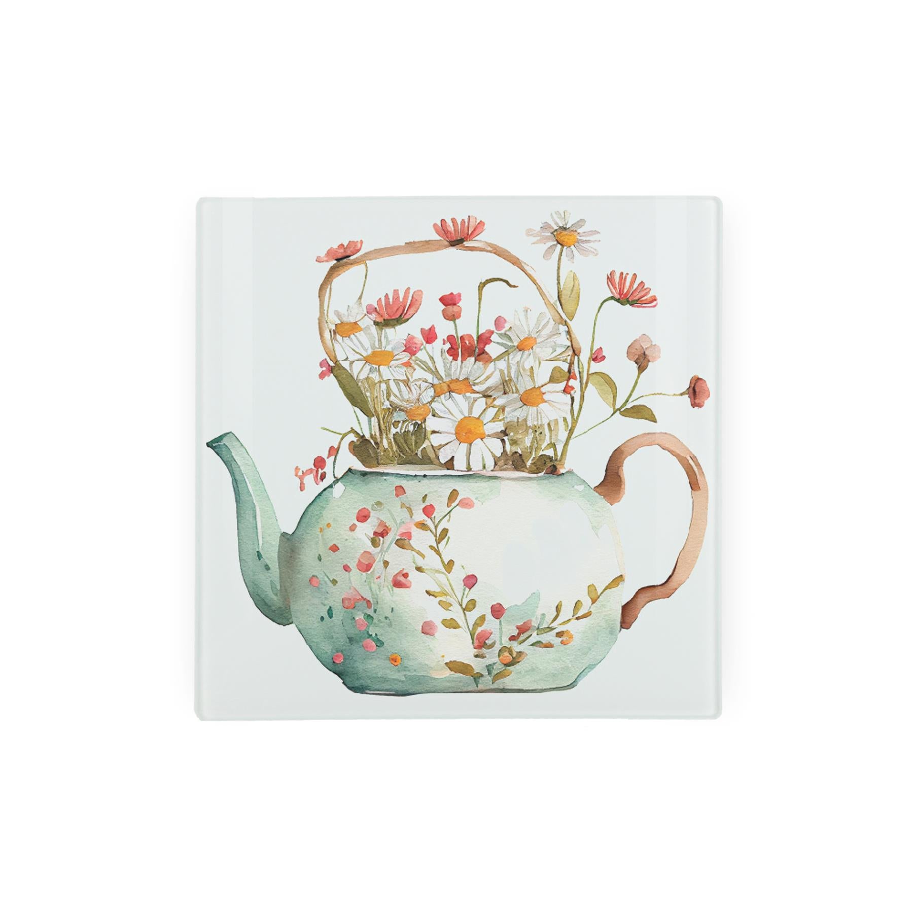 Mini glass worktop protector with vintage teapot and daisies.