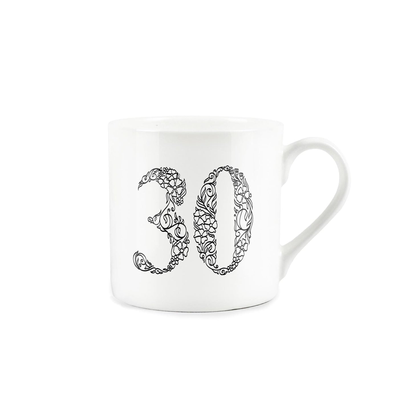 White bone china mug featuring number 30 in black floral line drawing