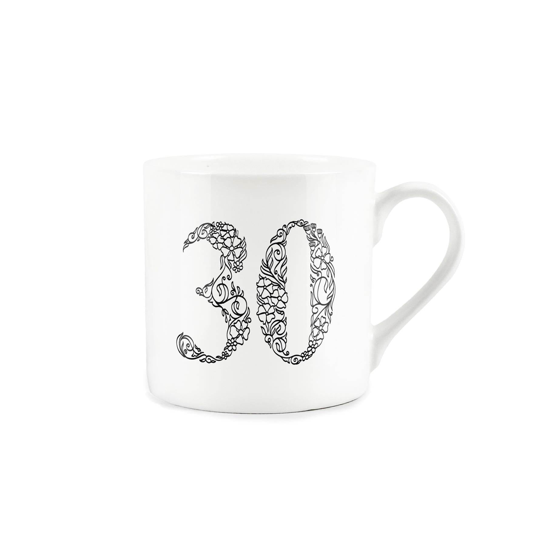White bone china mug featuring number 30 in black floral line drawing