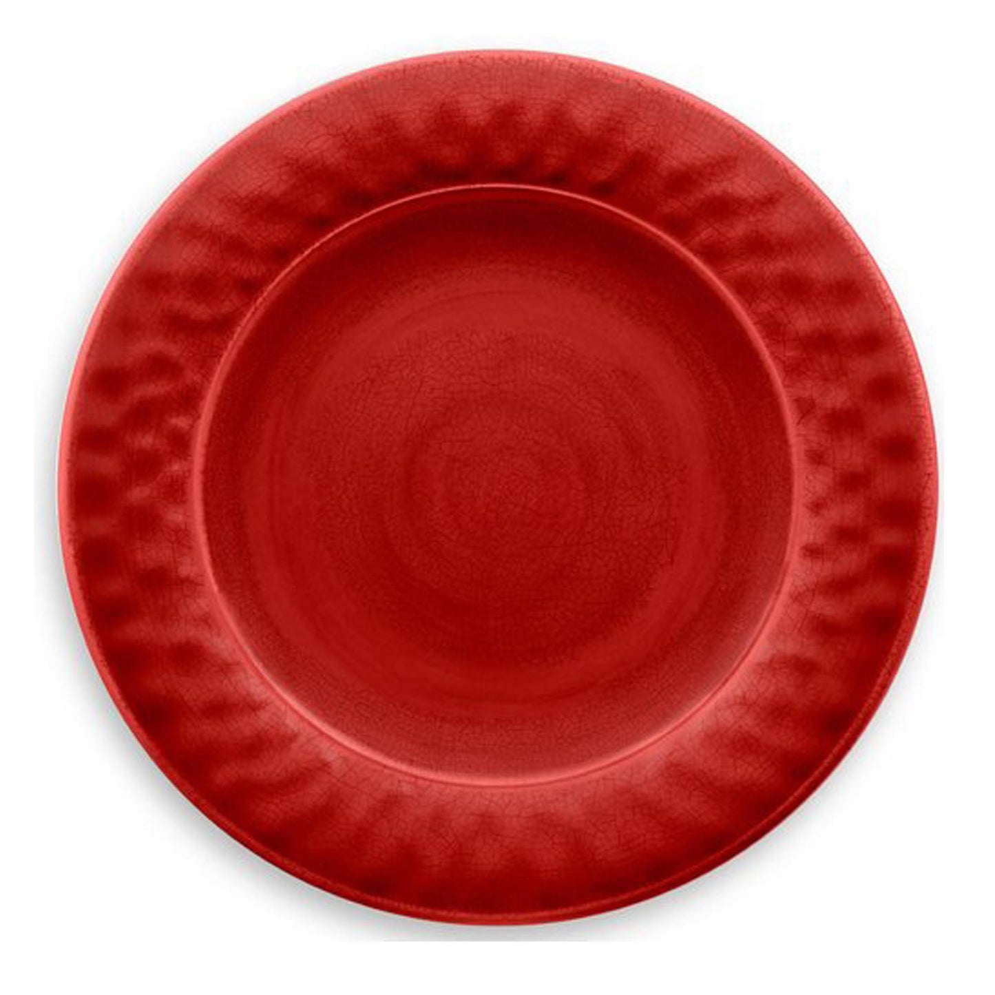 Red melamine dinner plate with crackle glaze finish.