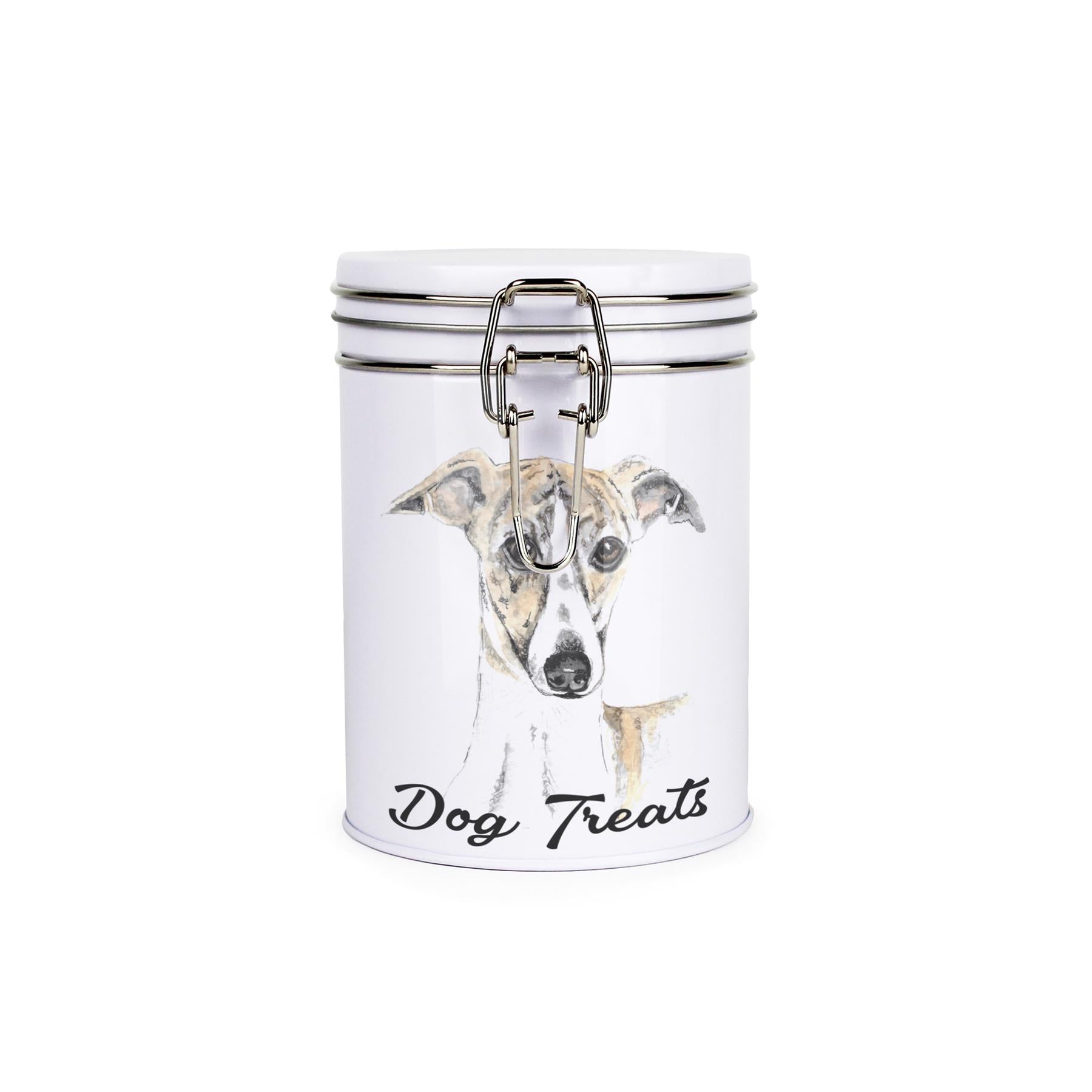 White tinplate canister with metal clip and lid featuring the face of a Whippet with the caption 'Dog Treats'