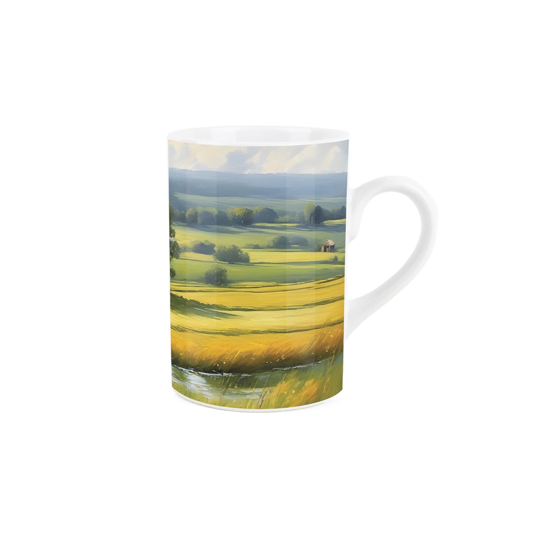 Ceramic mug with textured British scenery, portraying a summer countryside, suitable for tactile exploration.