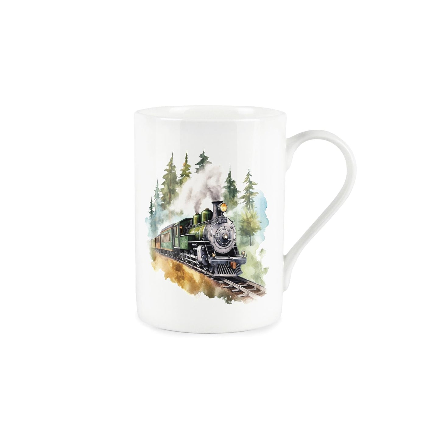 Bone china mug with painted depiction of green train passing through a forest