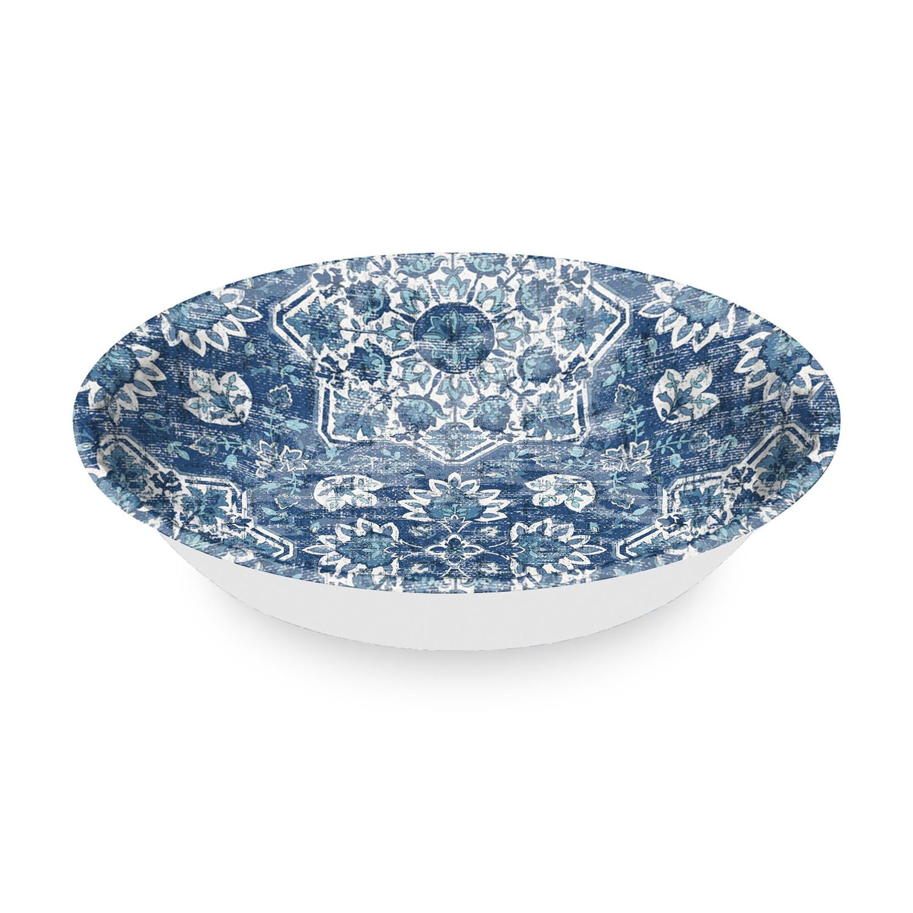Melamine salad serving bowl with white exterior and patterned blue interior