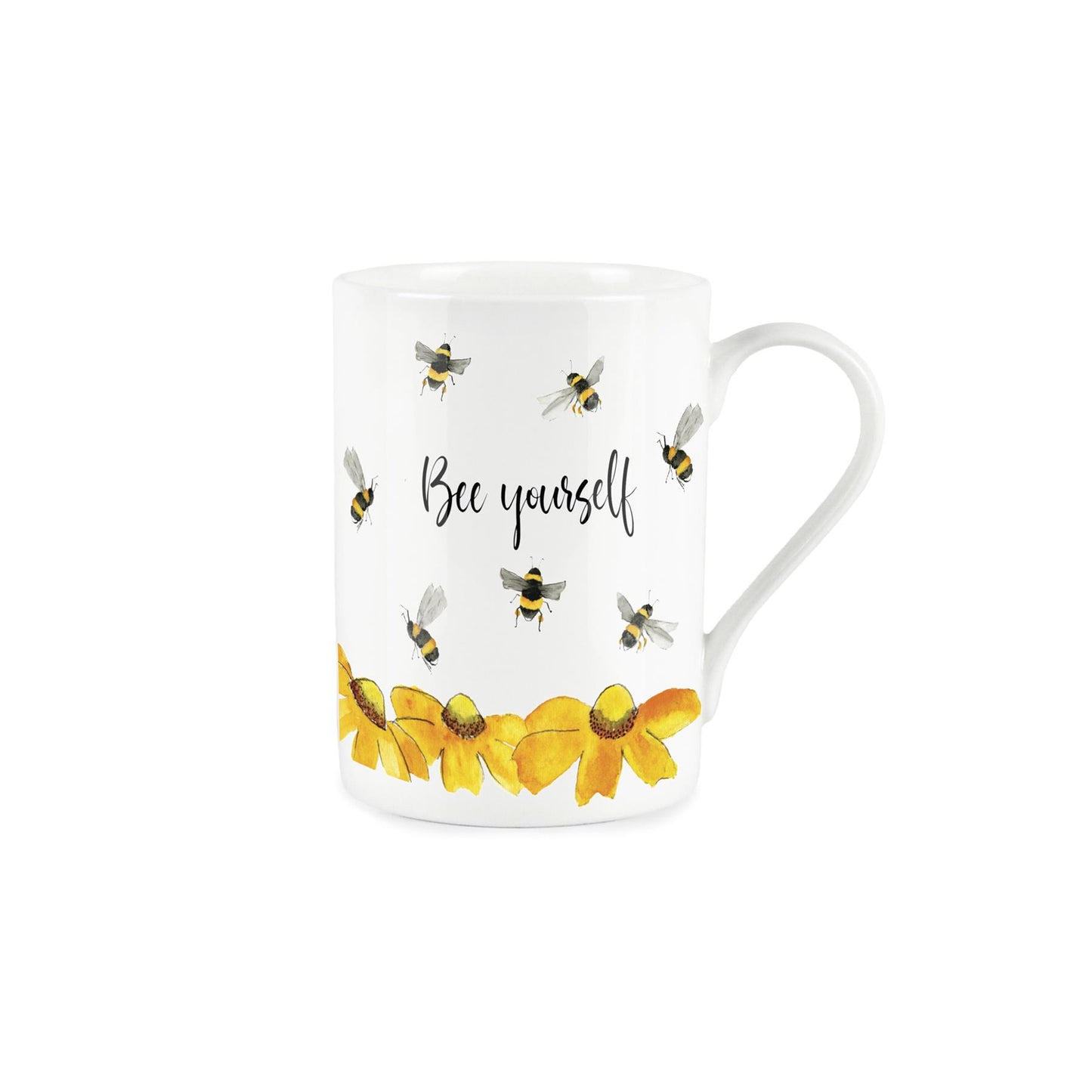 Watercolour depiction of bees hovering over yellow flowers accompanied with pun text; 'Bee yourself'