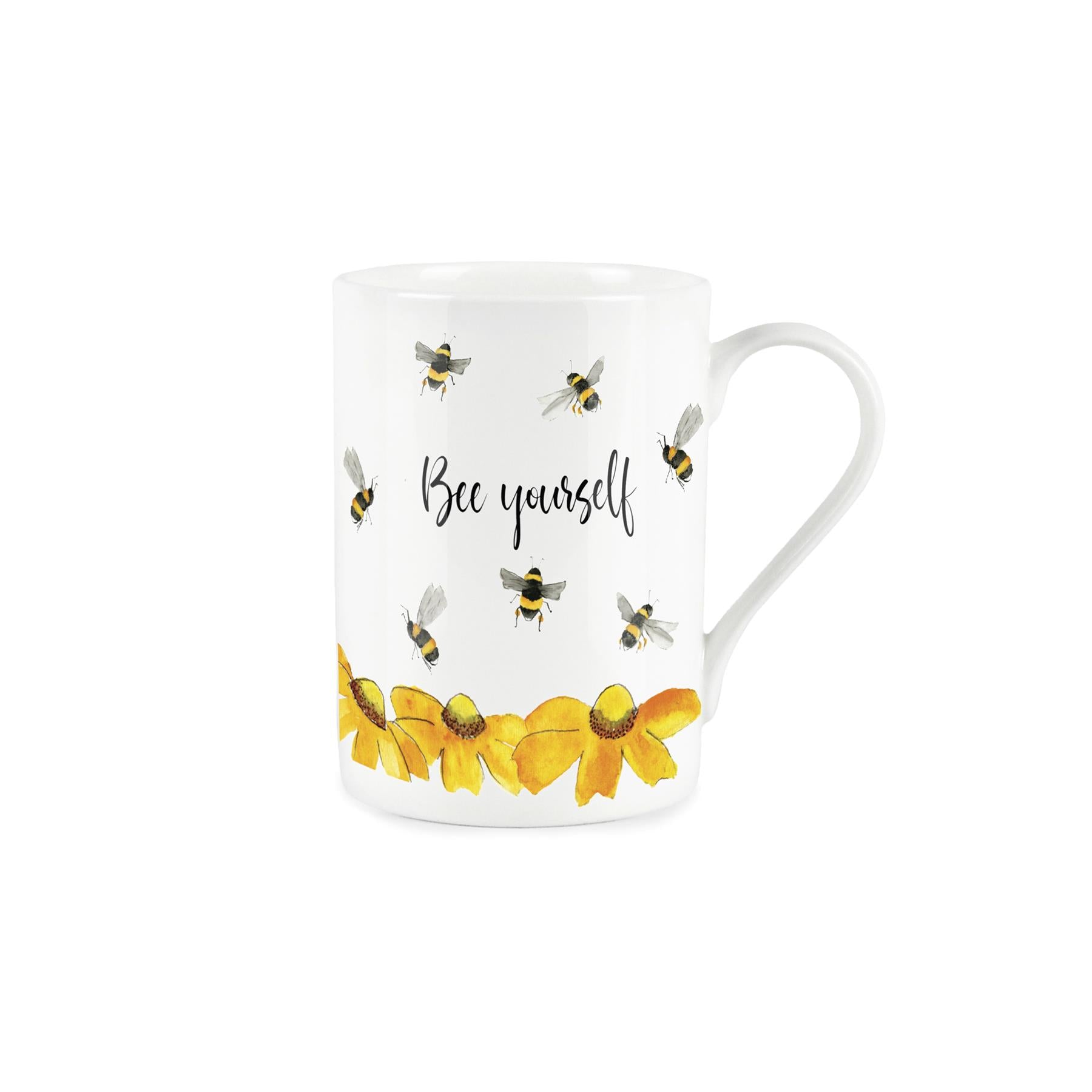 Watercolour depiction of bees hovering over yellow flowers accompanied with pun text; 'Bee yourself'