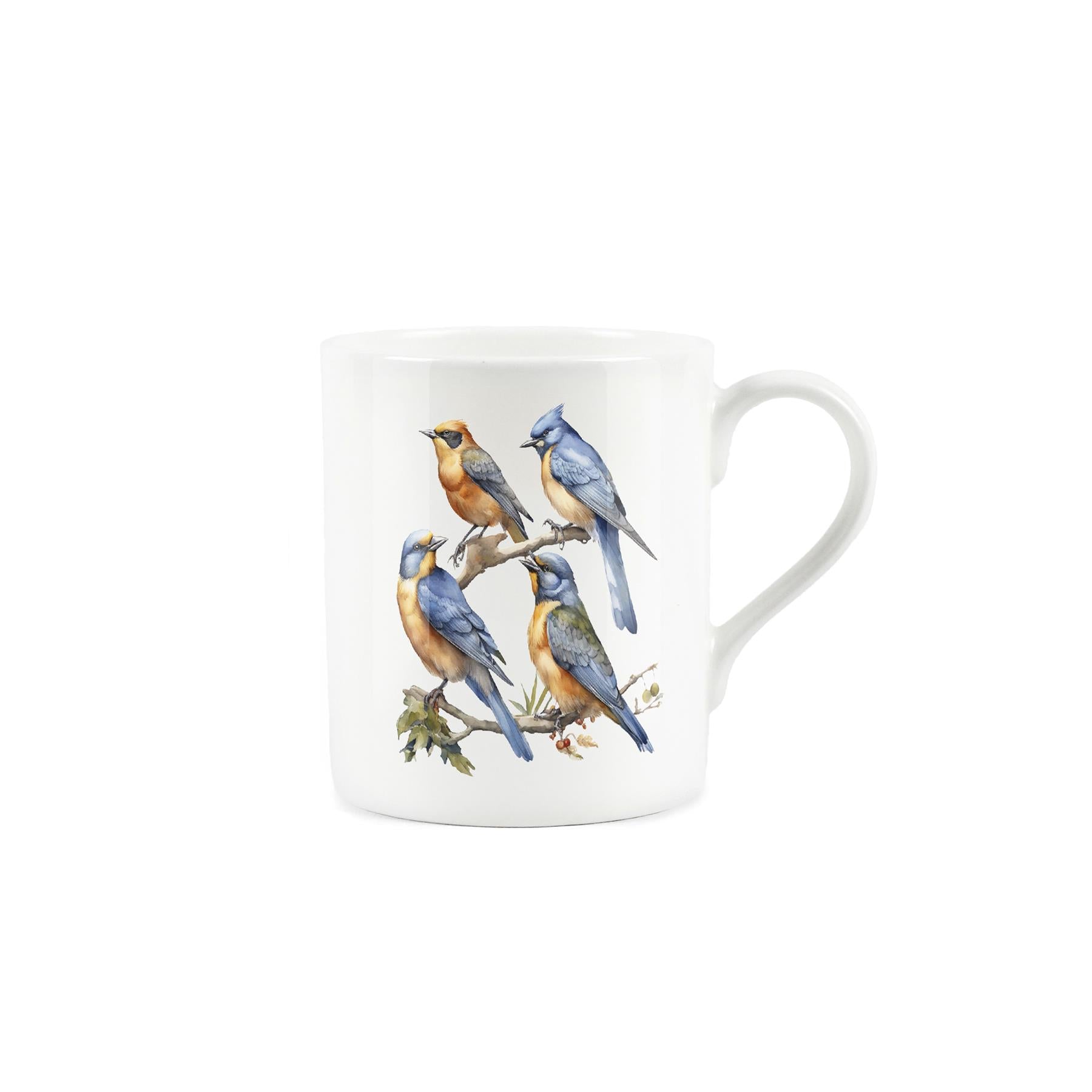 Painted design of 4 calling birds sitting atop branches on a white bone china mug