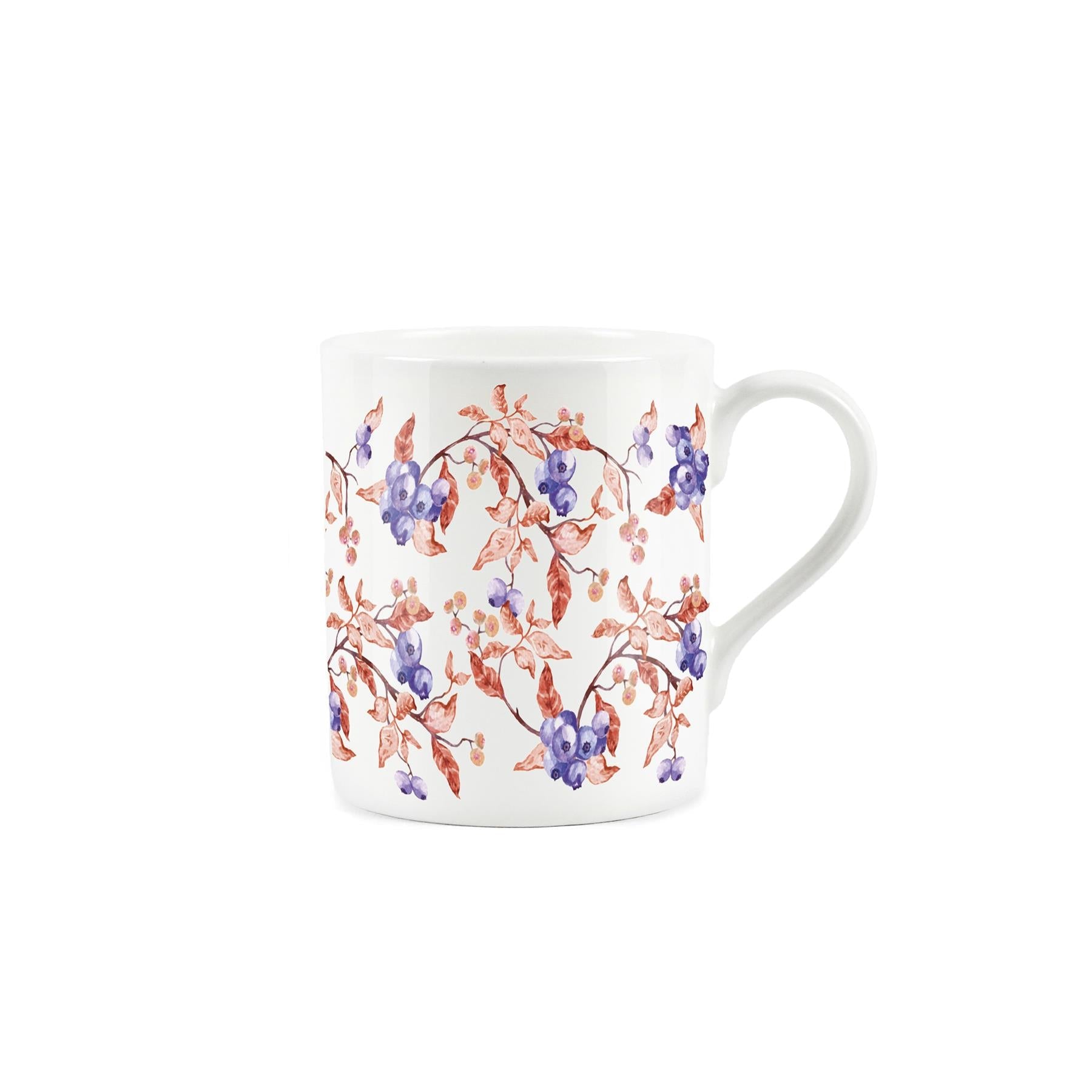 Stylised watercolour artwork of blueberries and leaves on a white bone china coffee mug