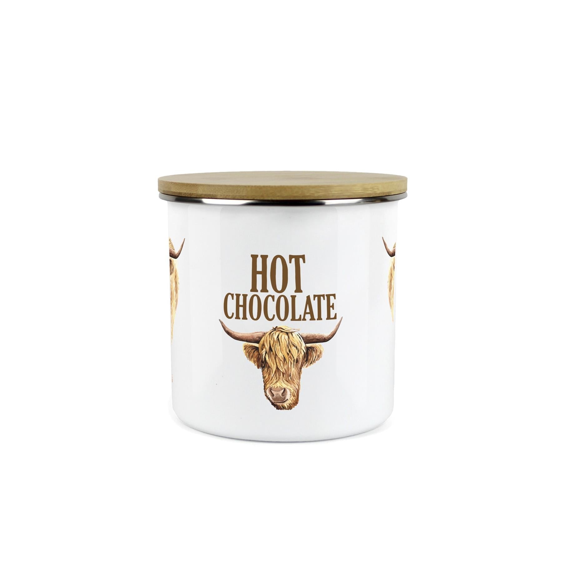 Hot Chocolate Highland Cow Storage Canister - Enamel Kitchen Storage Jar