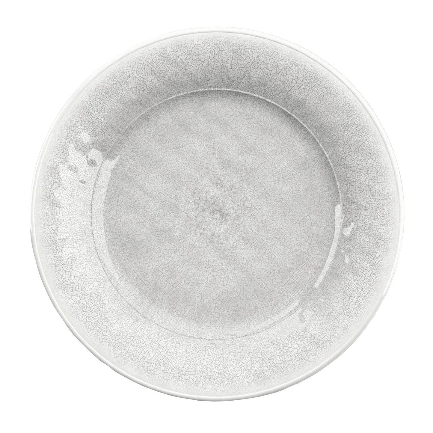 White Melamine dinner plate with cracked reactive glaze finish and smooth interior