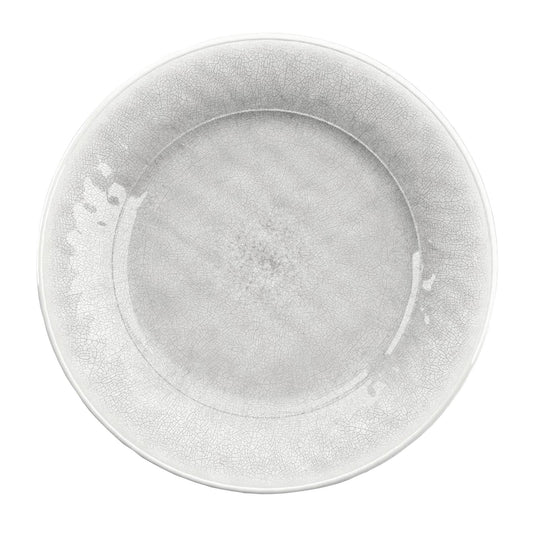 White Melamine dinner plate with cracked reactive glaze finish and smooth interior