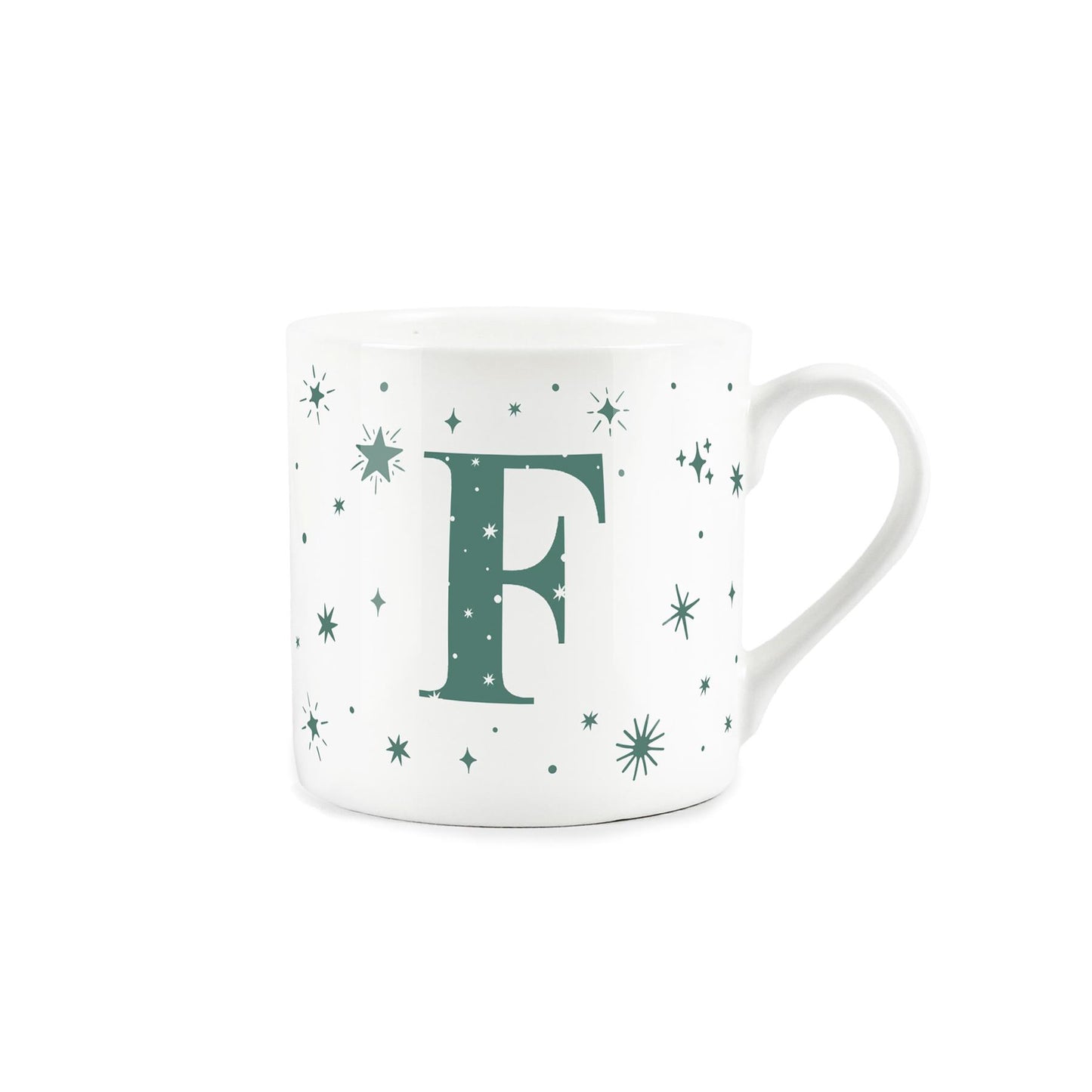 White bone china mug with green stars and letter 'F' alphabet design 