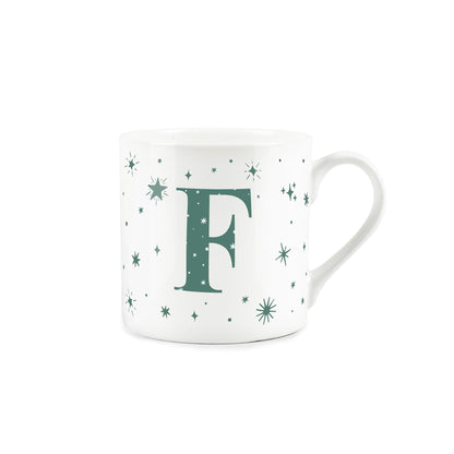 White bone china mug with green stars and letter 'F' alphabet design 