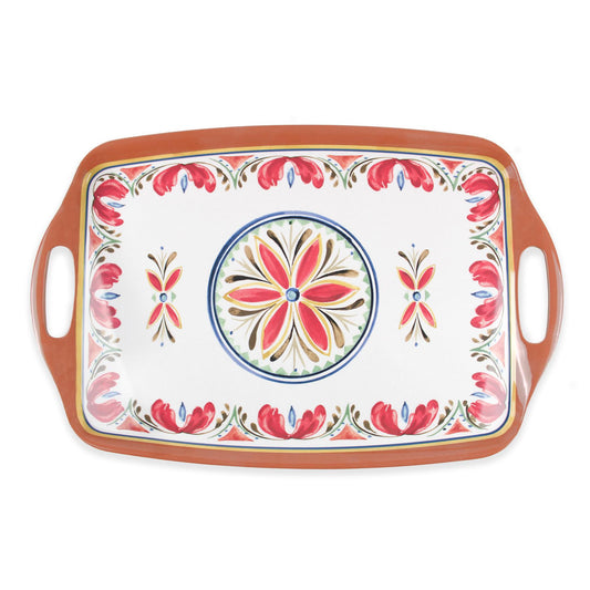 Rustic melamine rectangular tea serving tray with bold Mediterranean designs. Ideal for serving cold displays and carrying drinks.