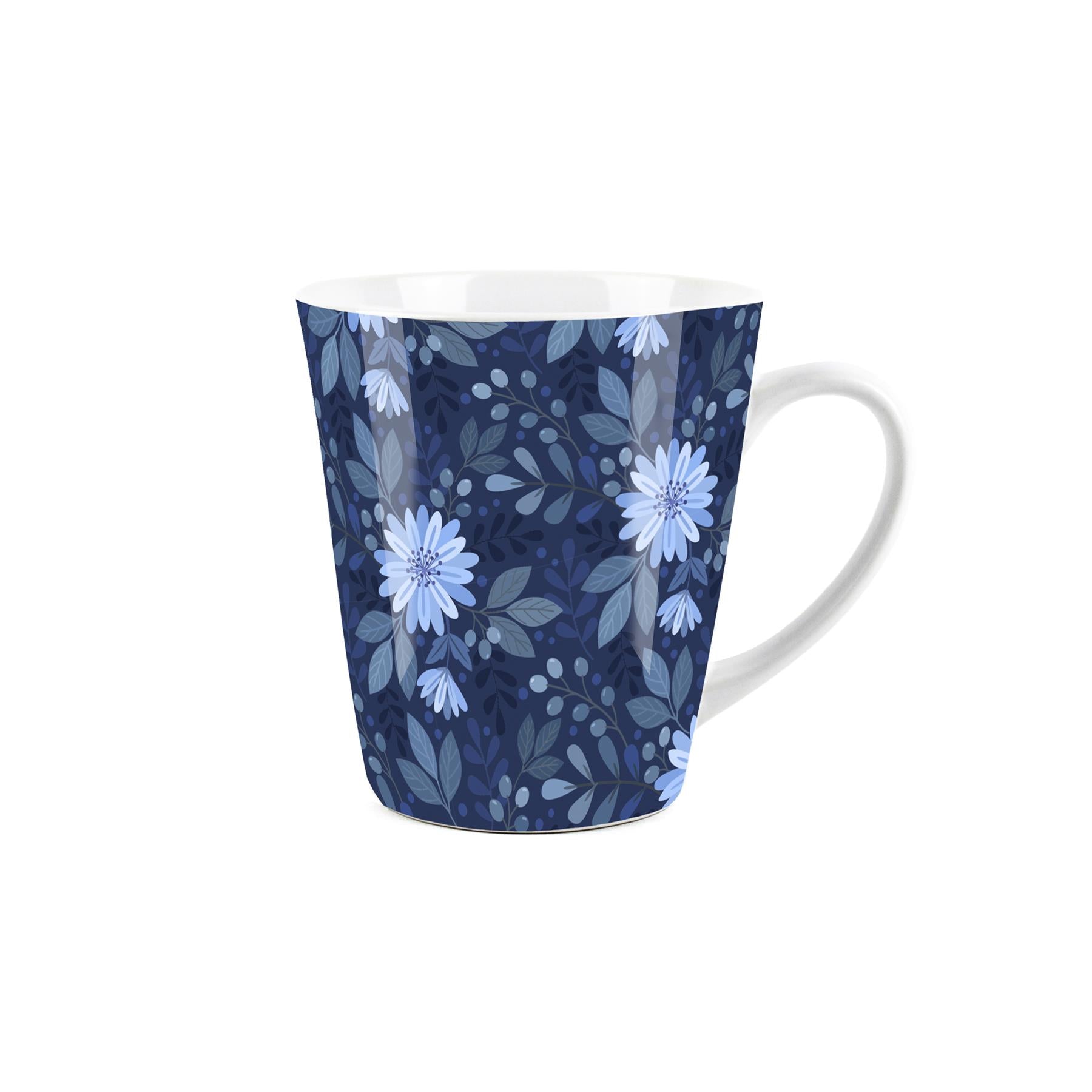 Small white latte mug featuring a Dark blue flowers design 
