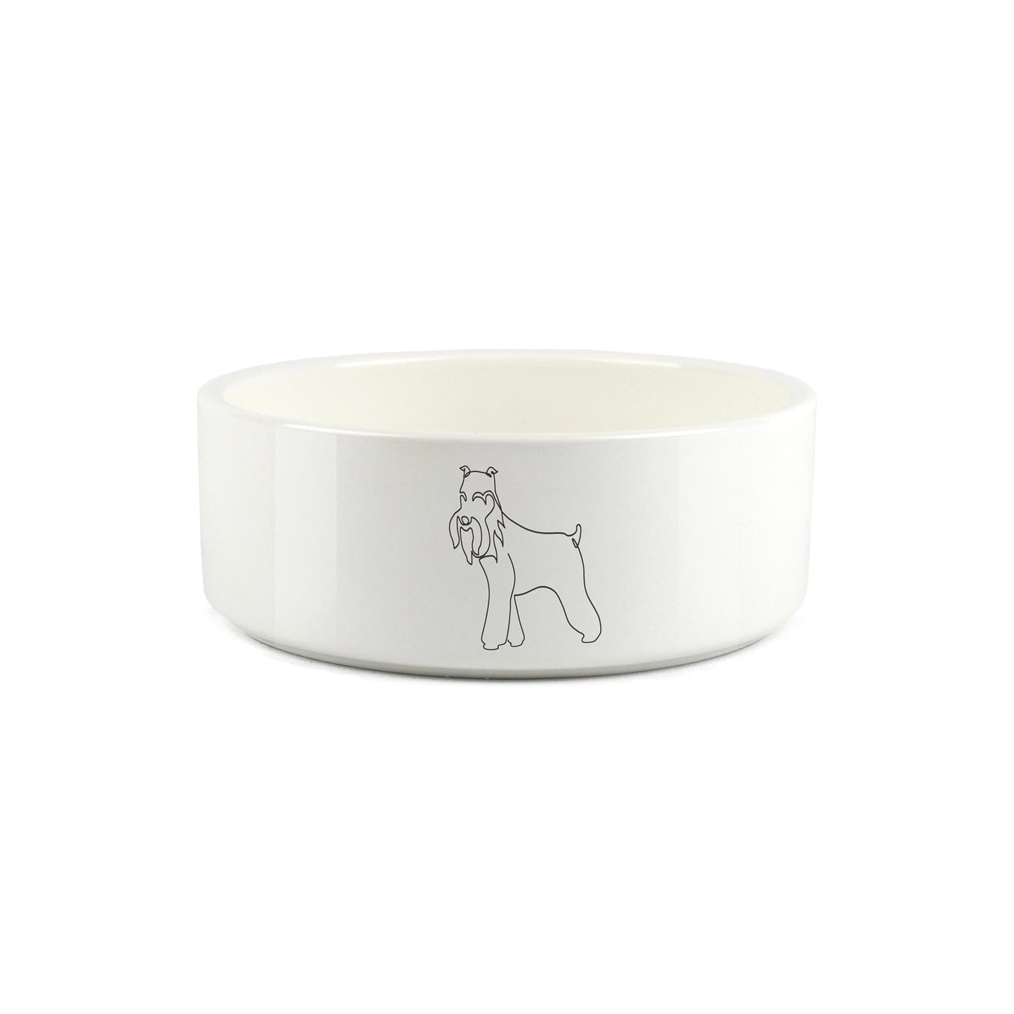 Minimalist line drawing of minature schnauzer on white ceramic pet bowl
