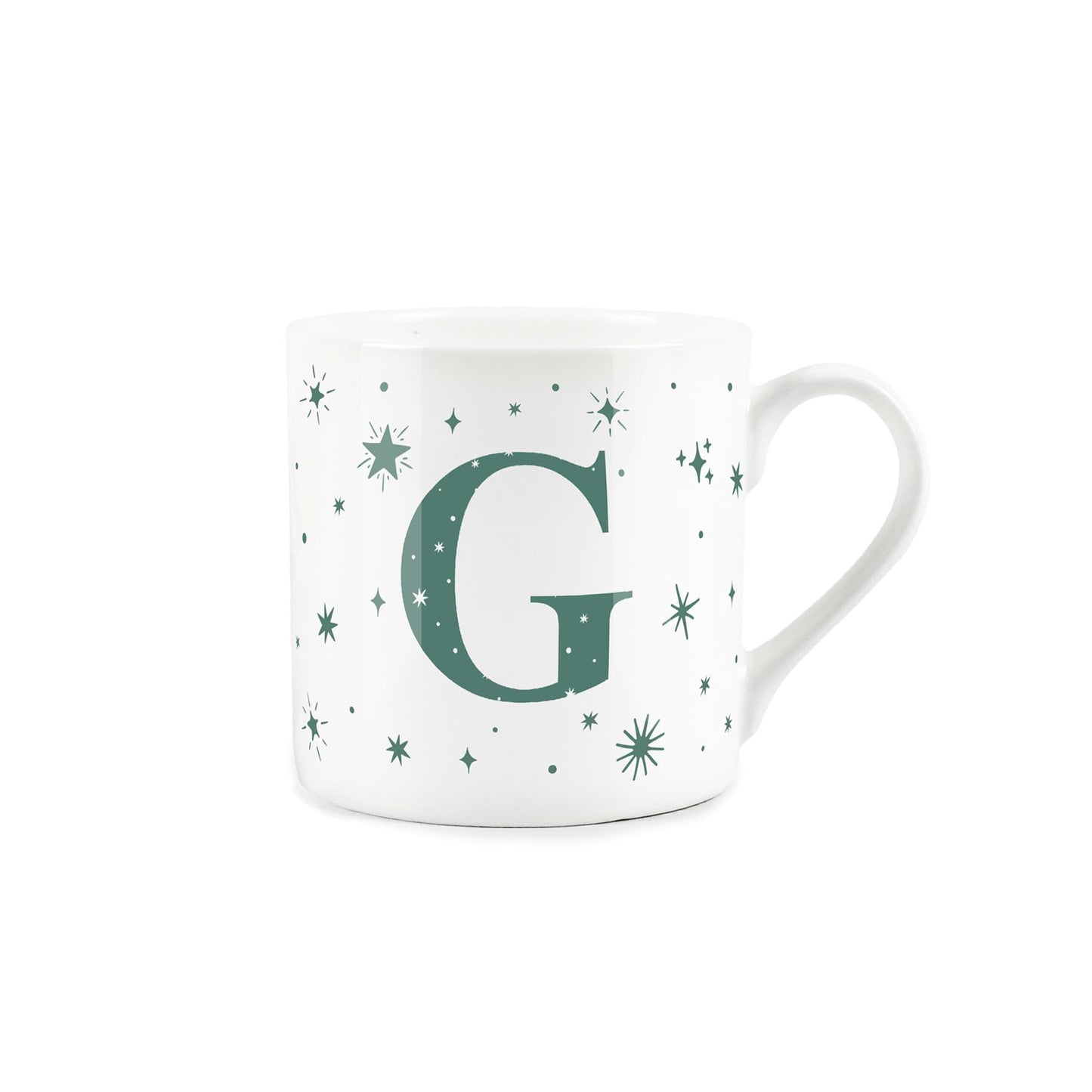 White bone china mug with green stars and letter 'G' alphabet design 