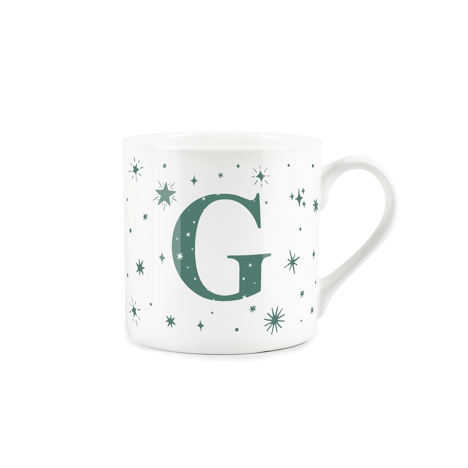 White bone china mug with green stars and letter 'G' alphabet design 