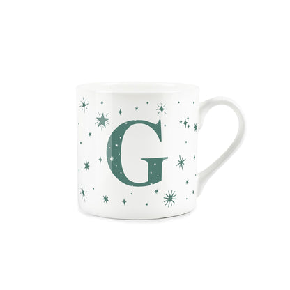White bone china mug with green stars and letter 'G' alphabet design 