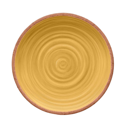 Melamine dinner plate featuring vibrant yellow swirl design and terracotta rim