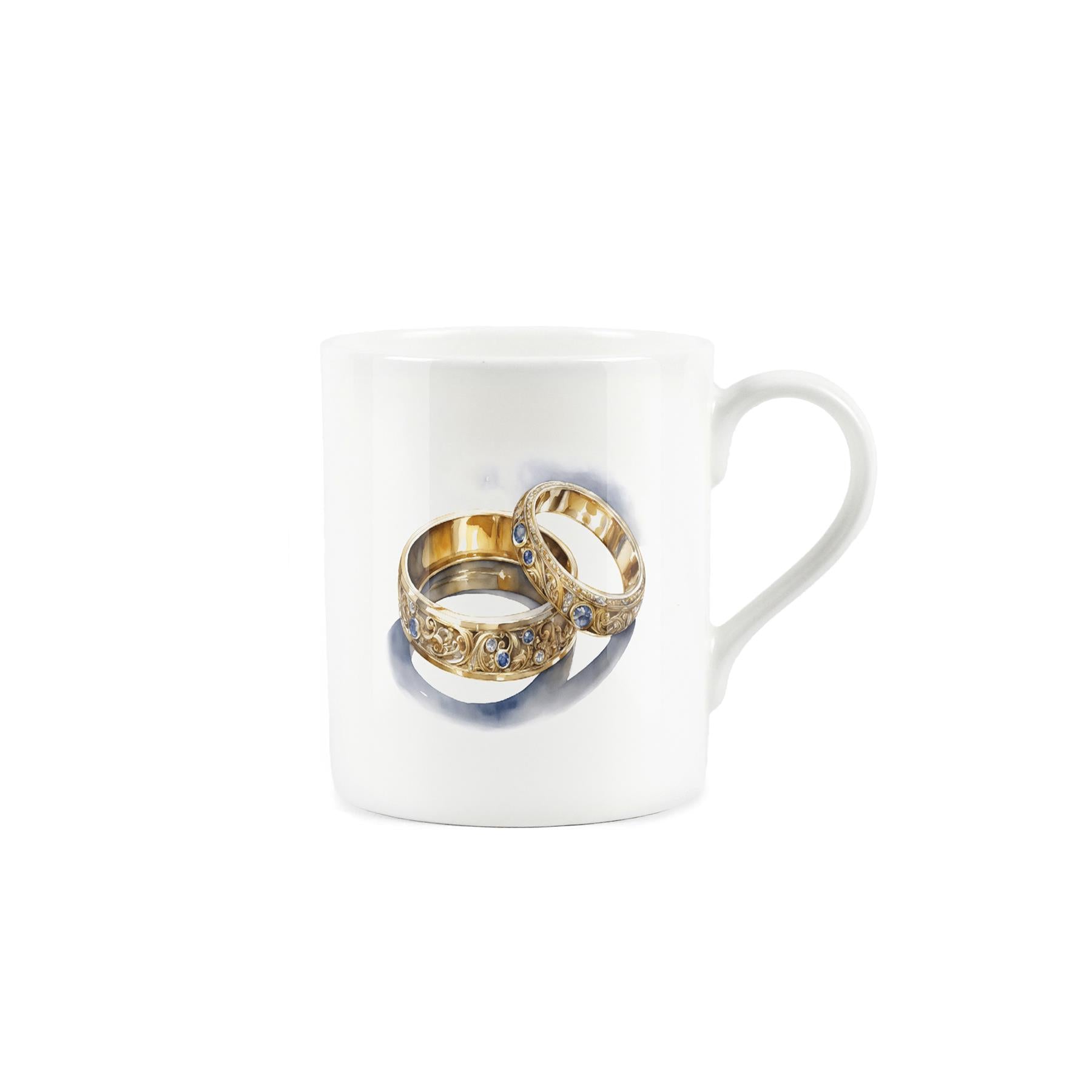 Painted design of 2 jewelled, golden rings on a white bone china mug 